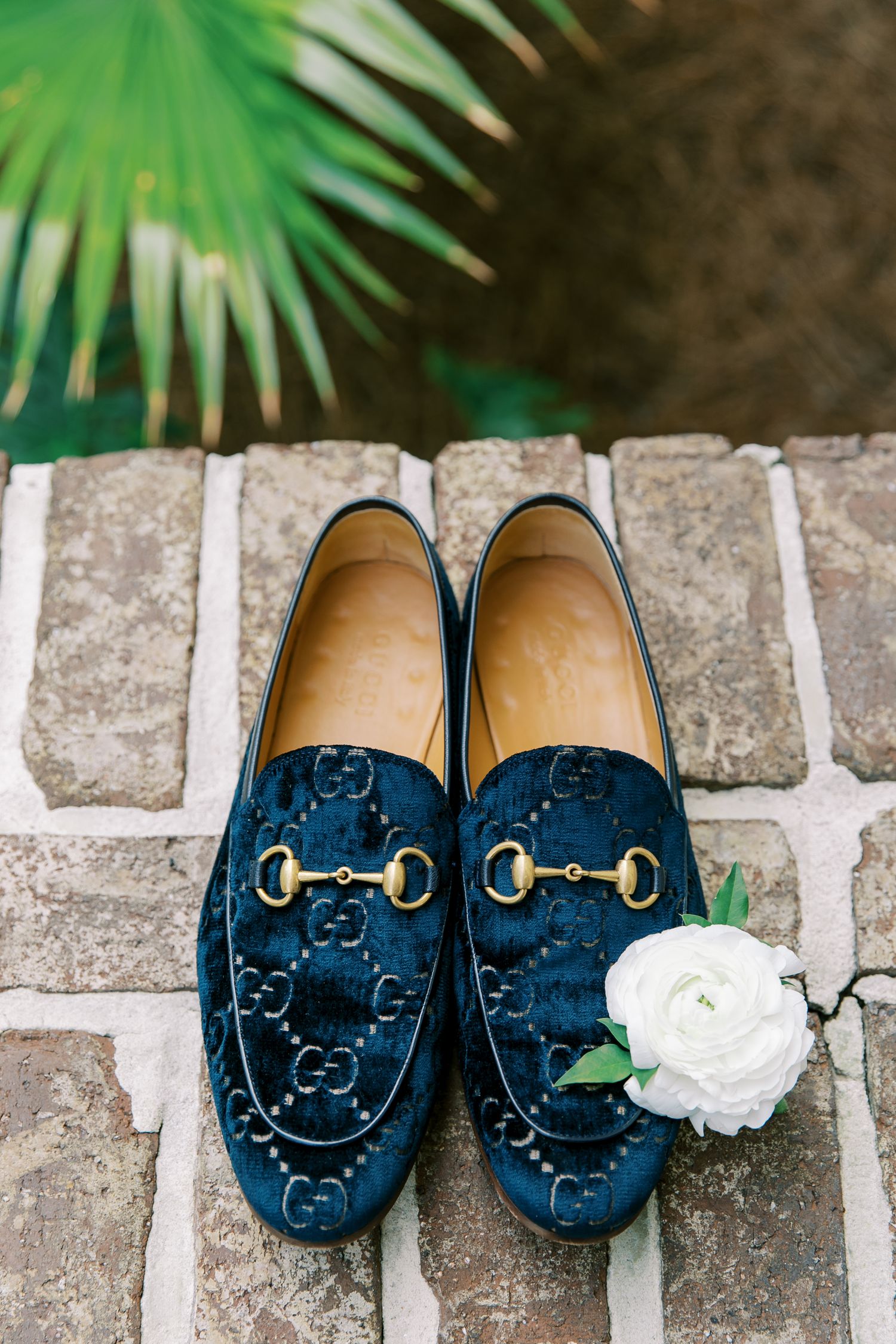 Navy blue Gucci loafers with horsebit detail and white rose on stone pathway.