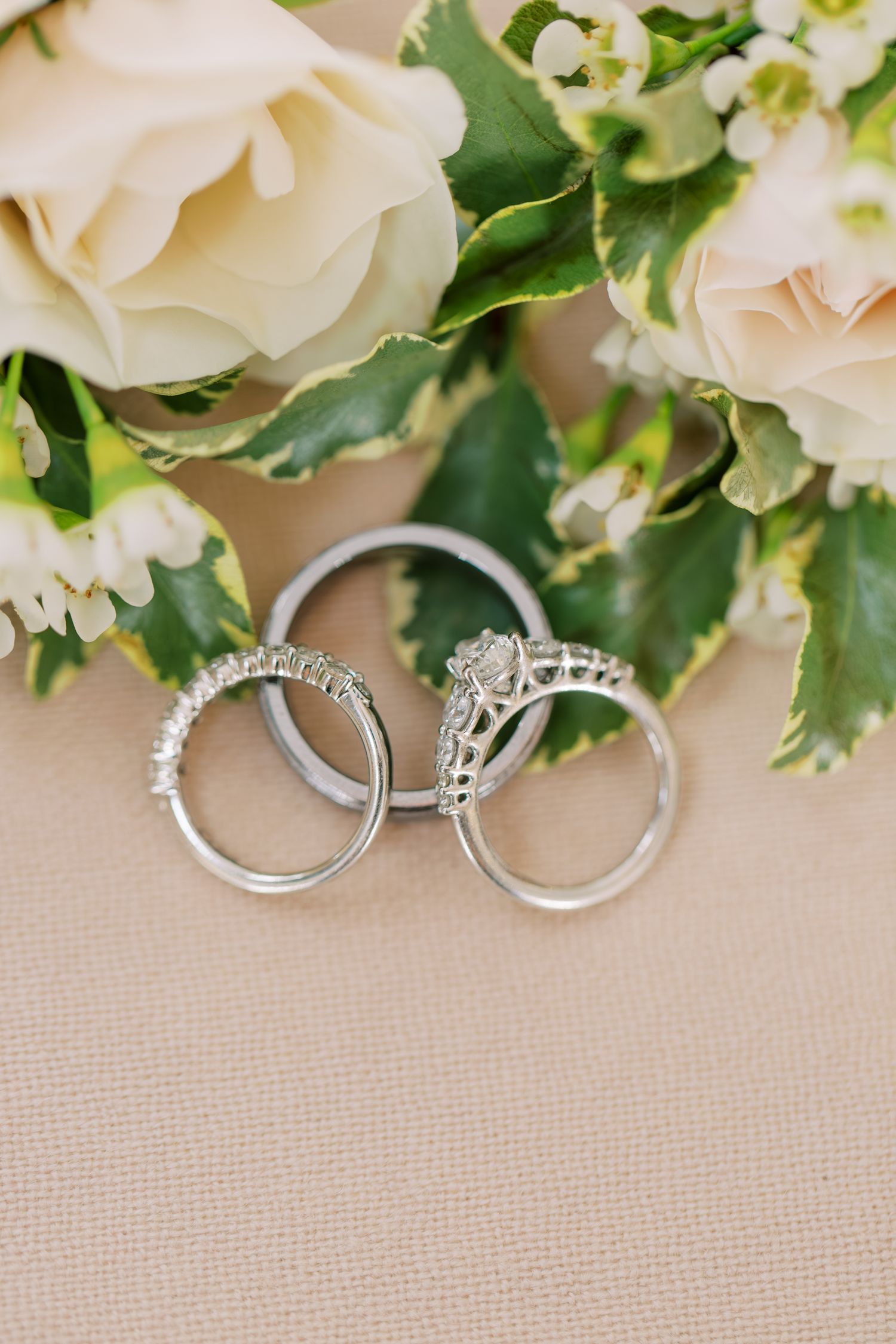 Three diamond wedding rings arranged with delicate white roses and green foliage on a beige background.