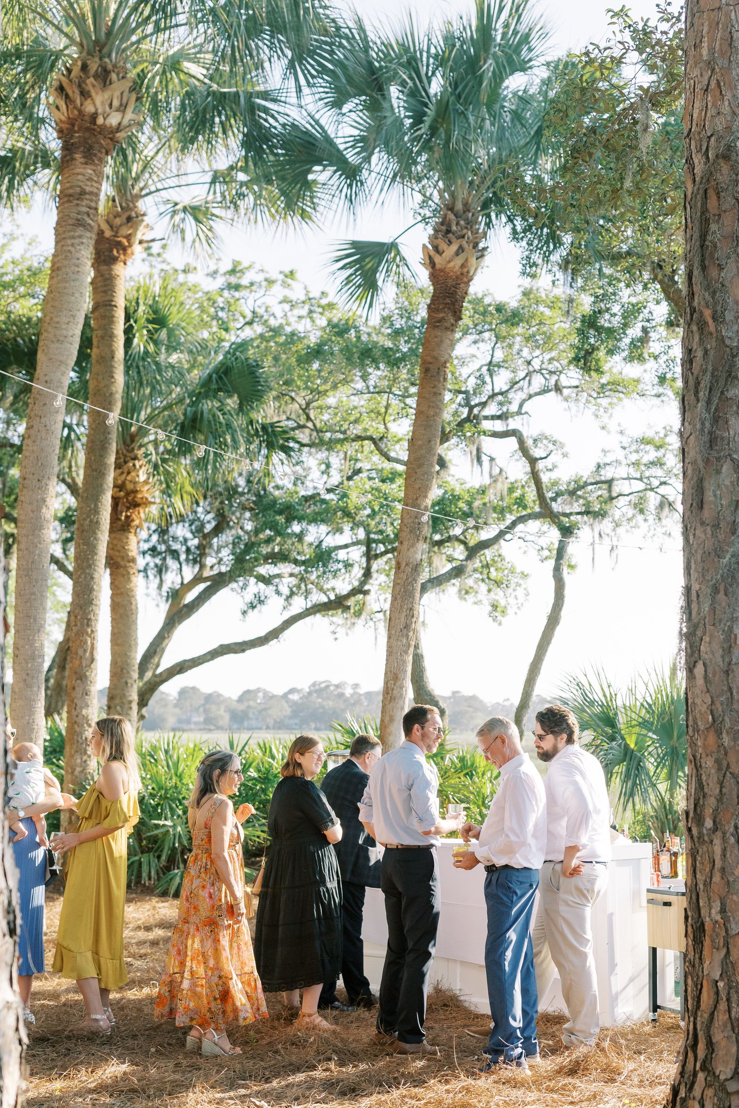 Wedding guests gather under palm trees for an outdoor celebration.