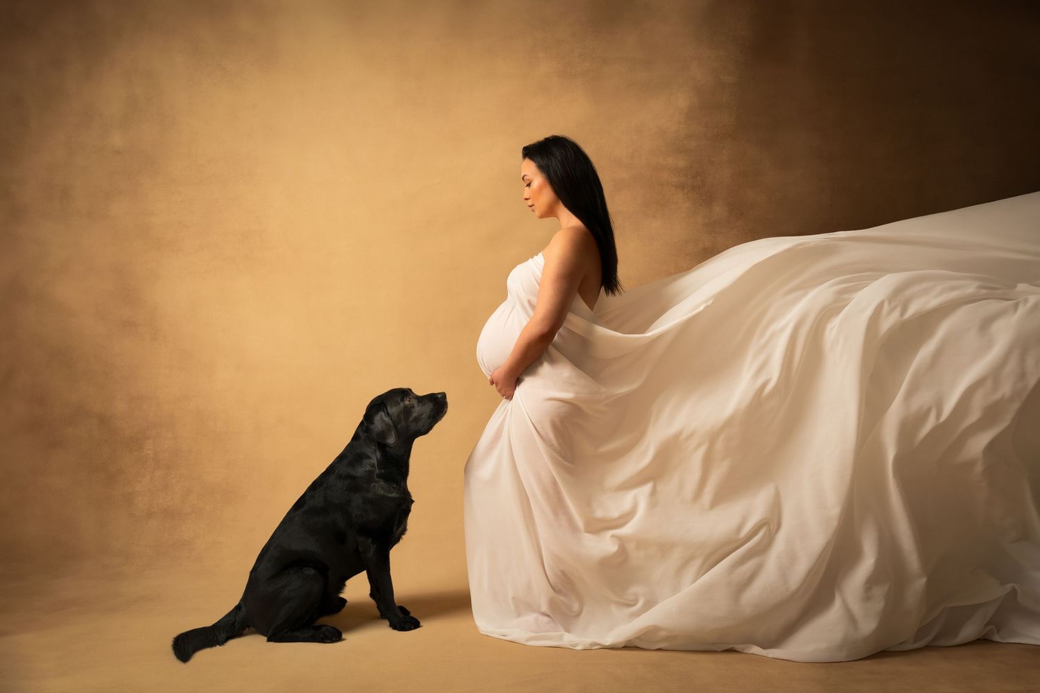 Gravidfotografering i Göteborg – mamma i vit klänning tittar på sin hund framför handmålad bakgrund.