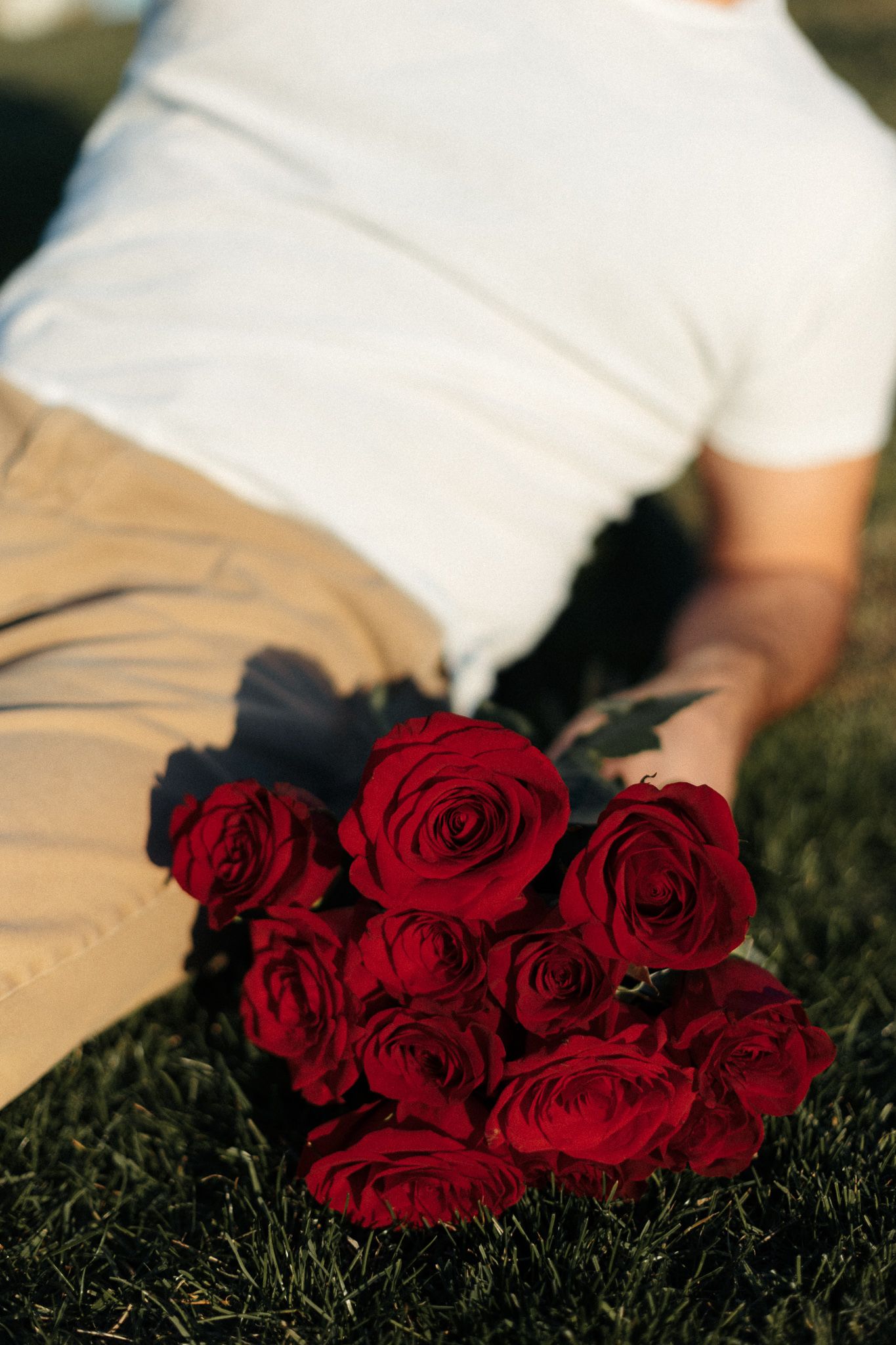 Man in white t-shirt sitting on grass holding a bouquet of red roses in warm sunlight.