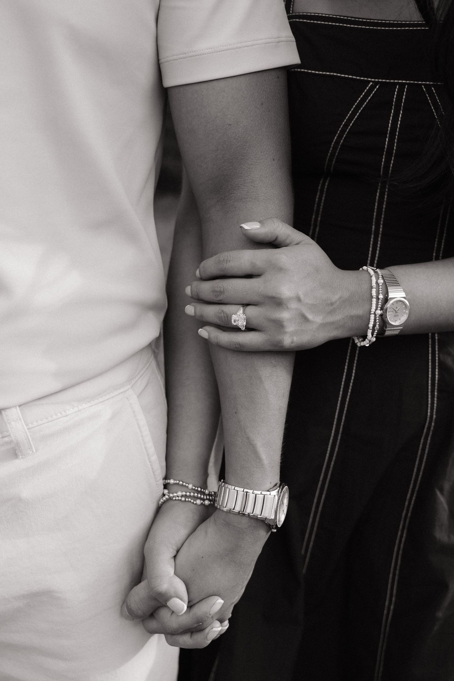 Engaged couple at Philippe Park in black and white taken by Michaela Gom Photography.
