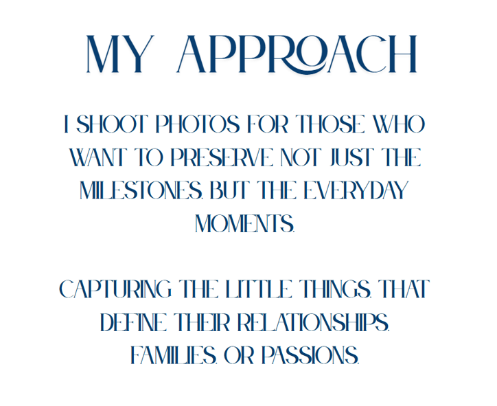 A blue text typography design displays a photographer's mission statement about capturing everyday moments and relationships.