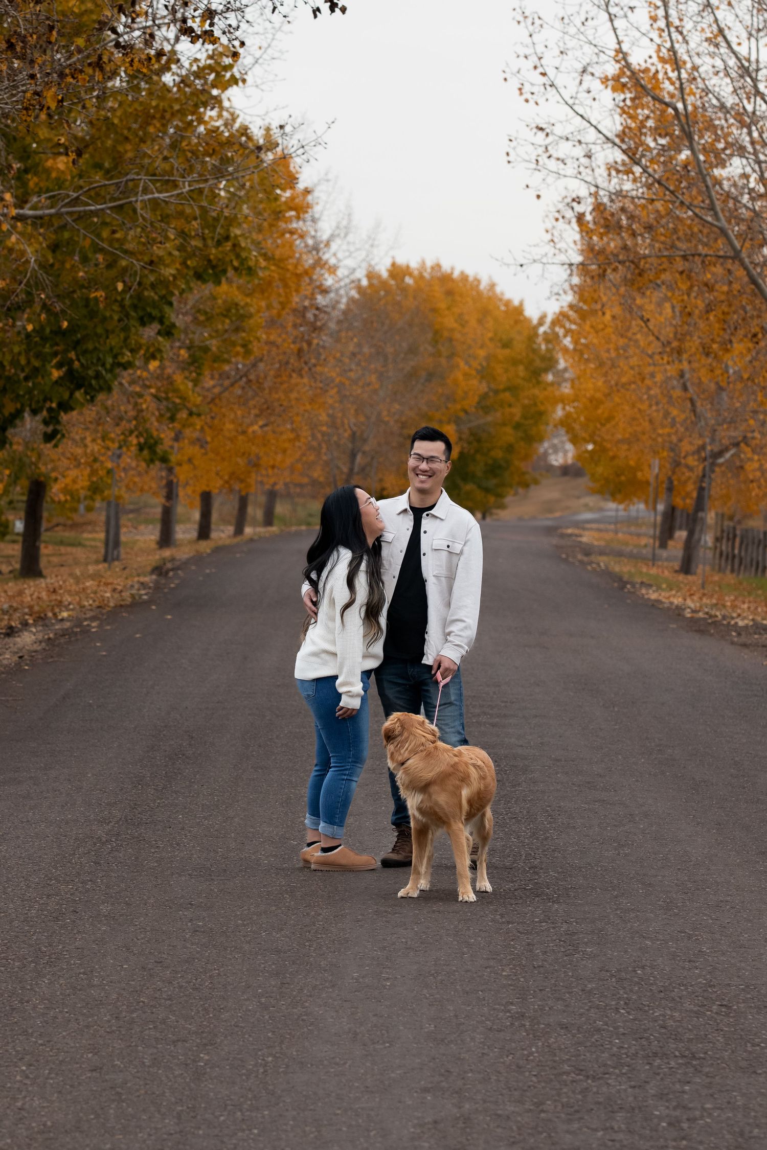A couple walks their golden dog down a tree-lined autumn road with orange and yellow fall foliage.