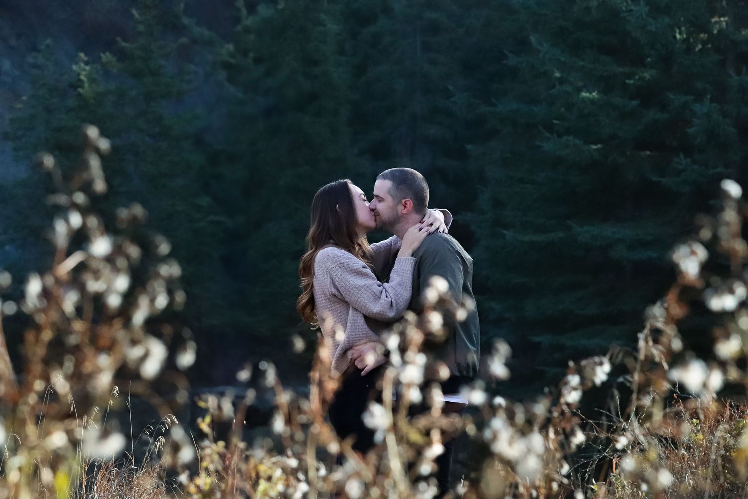 Two people share an intimate moment among tall dried wildflowers in a moody outdoor setting at dusk.