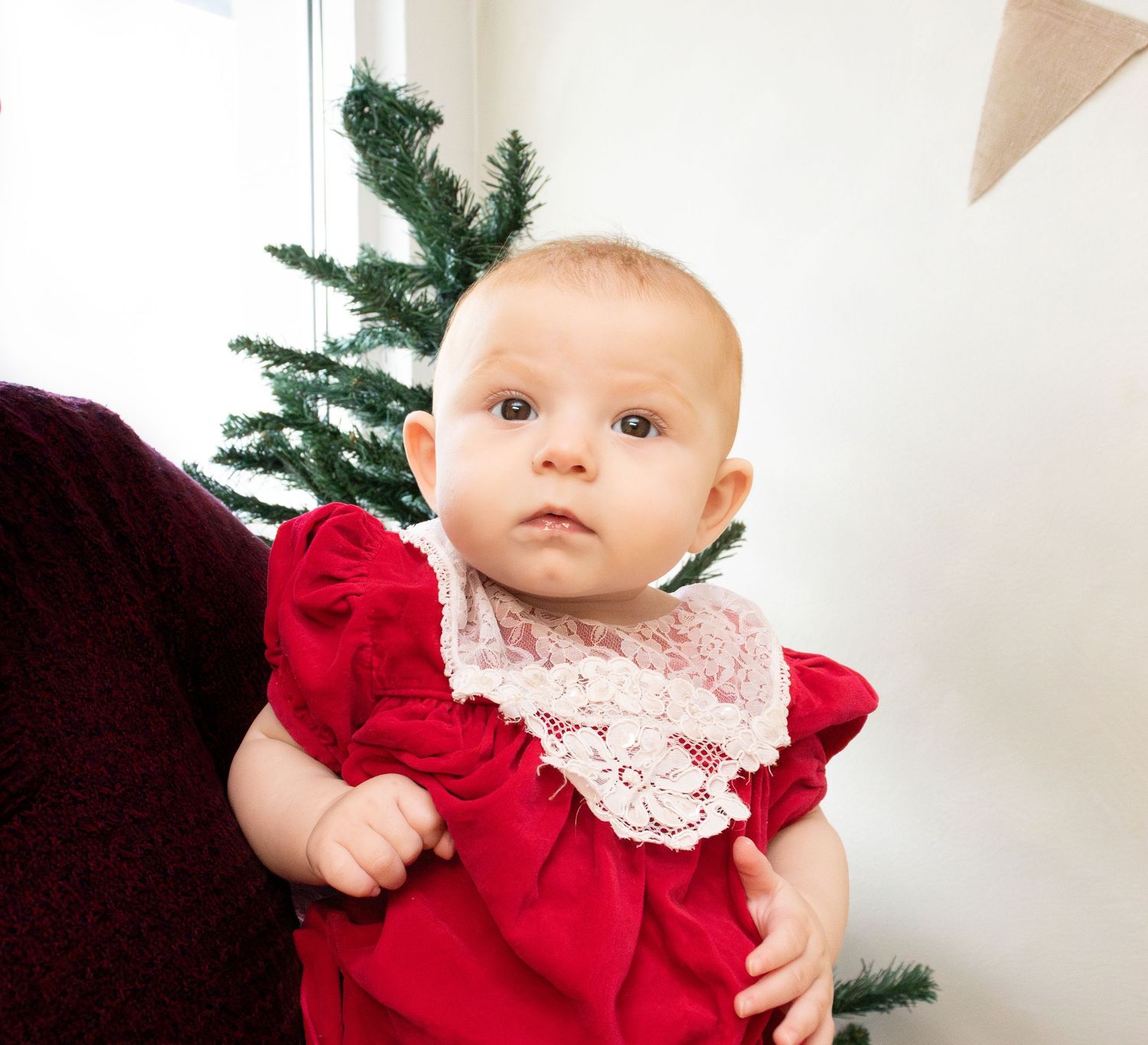 Baby wearing red and white holiday dress near Christmas greenery.