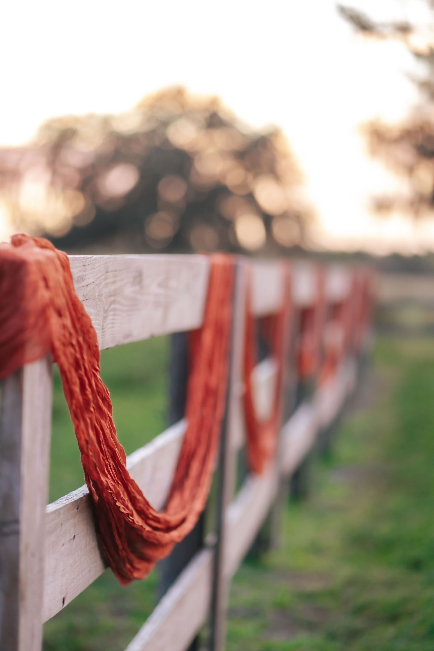 Red rope decoratively draped across a white wooden fence at sunset with bokeh background.