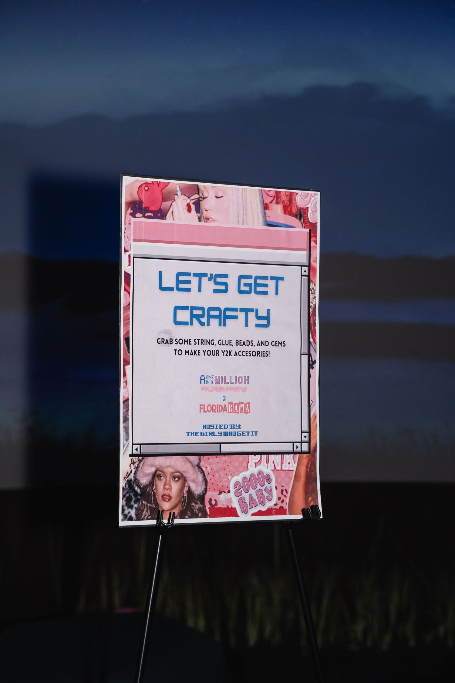A crafting station sign on an easel reads Let's Get Crafty, inviting guests to make Taylor Swift accessories.