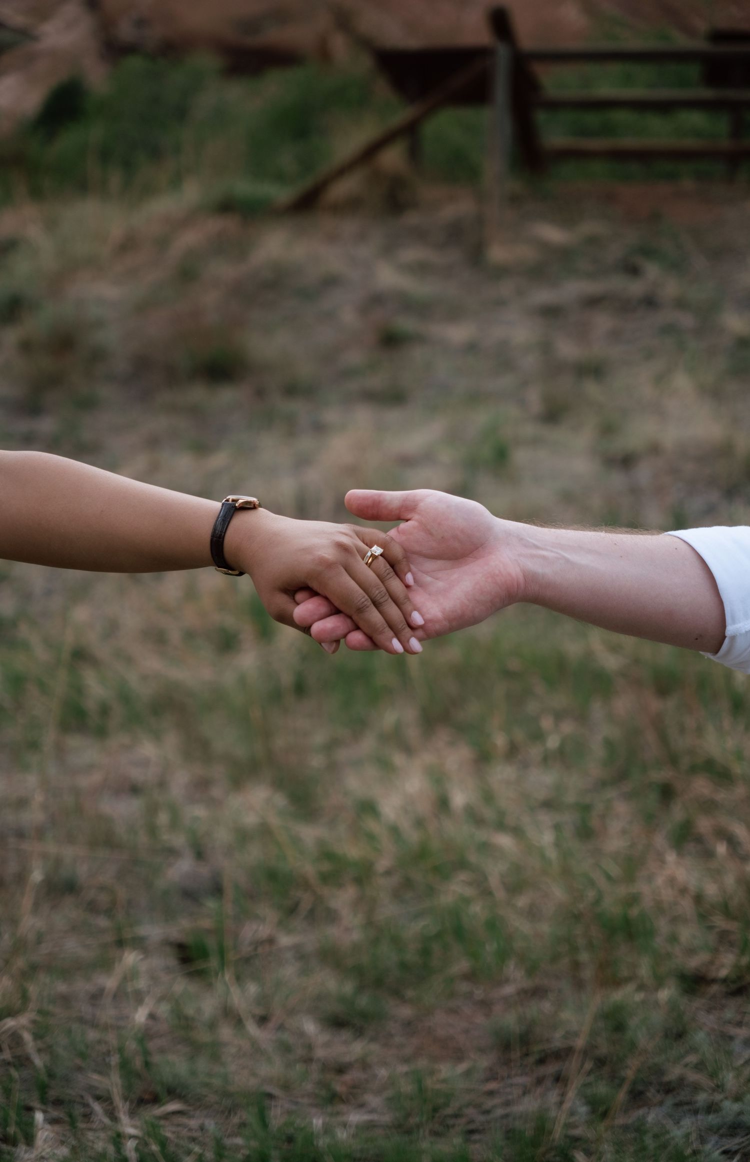 Two people holding hands outdoors, one wearing a black bracelet and gold ring, with a grassy field in the background.