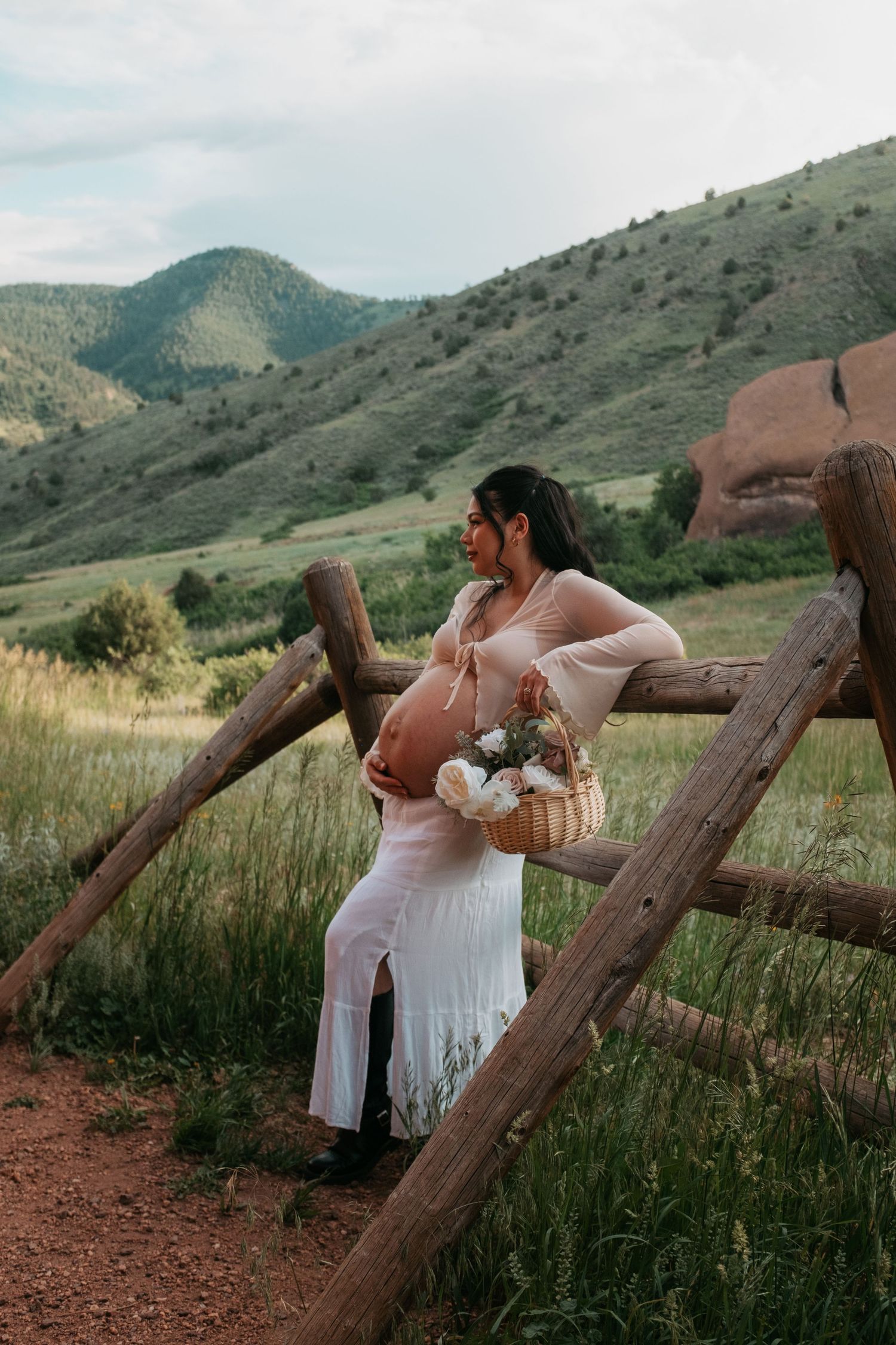 A serene maternity portrait with someone holding flowers by a wooden fence in mountain scenery.