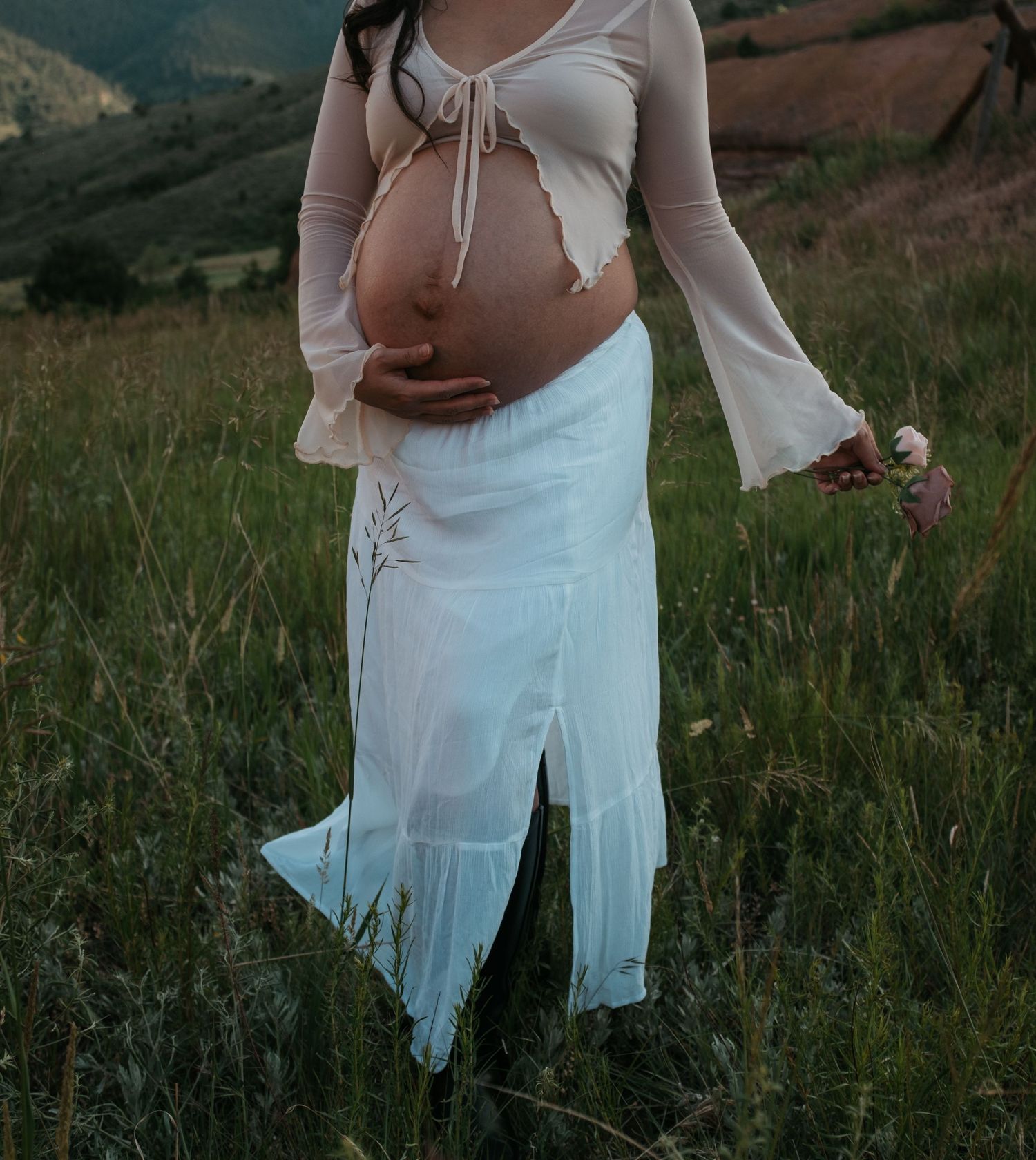 Artistic maternity pose in a grassy field with rustic mountain backdrop.