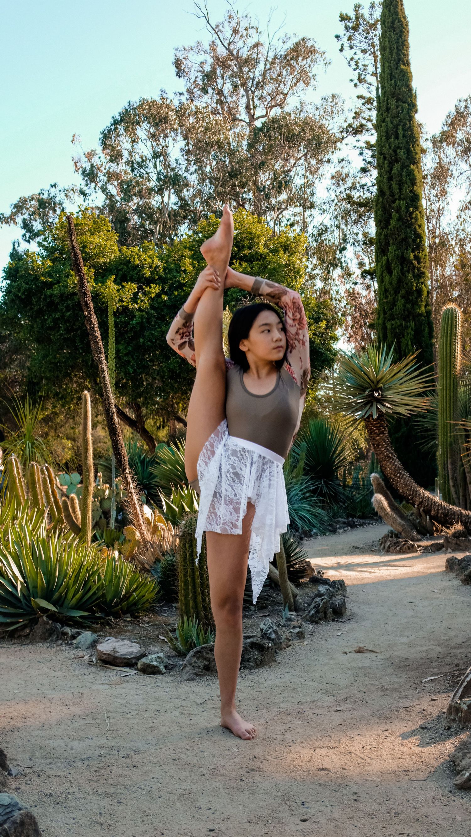 Dancer performs graceful pose in desert garden with cactus and natural scenery.