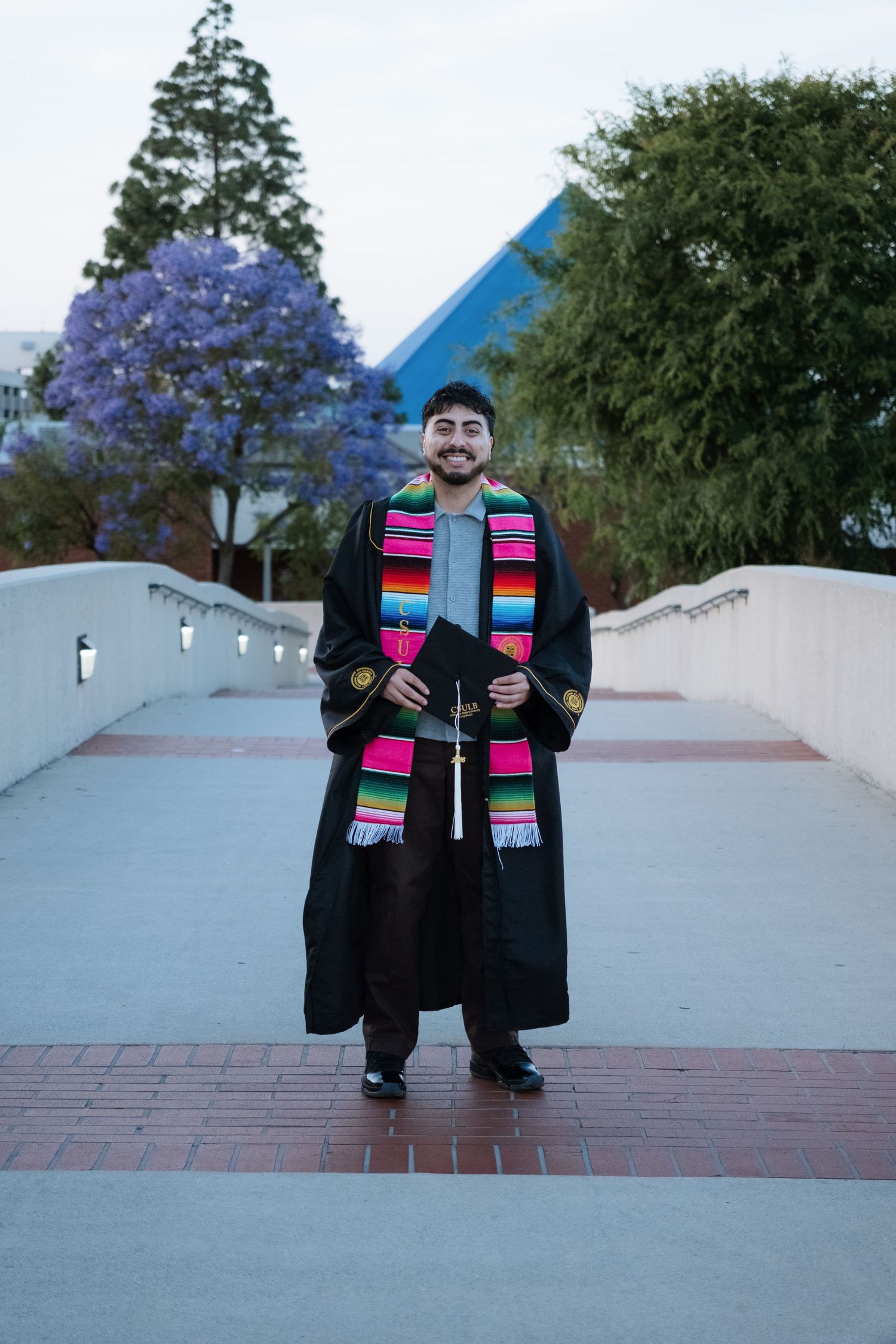 Graduate in black gown with colorful serape stole holds diploma outdoors near blooming jacaranda tree.
