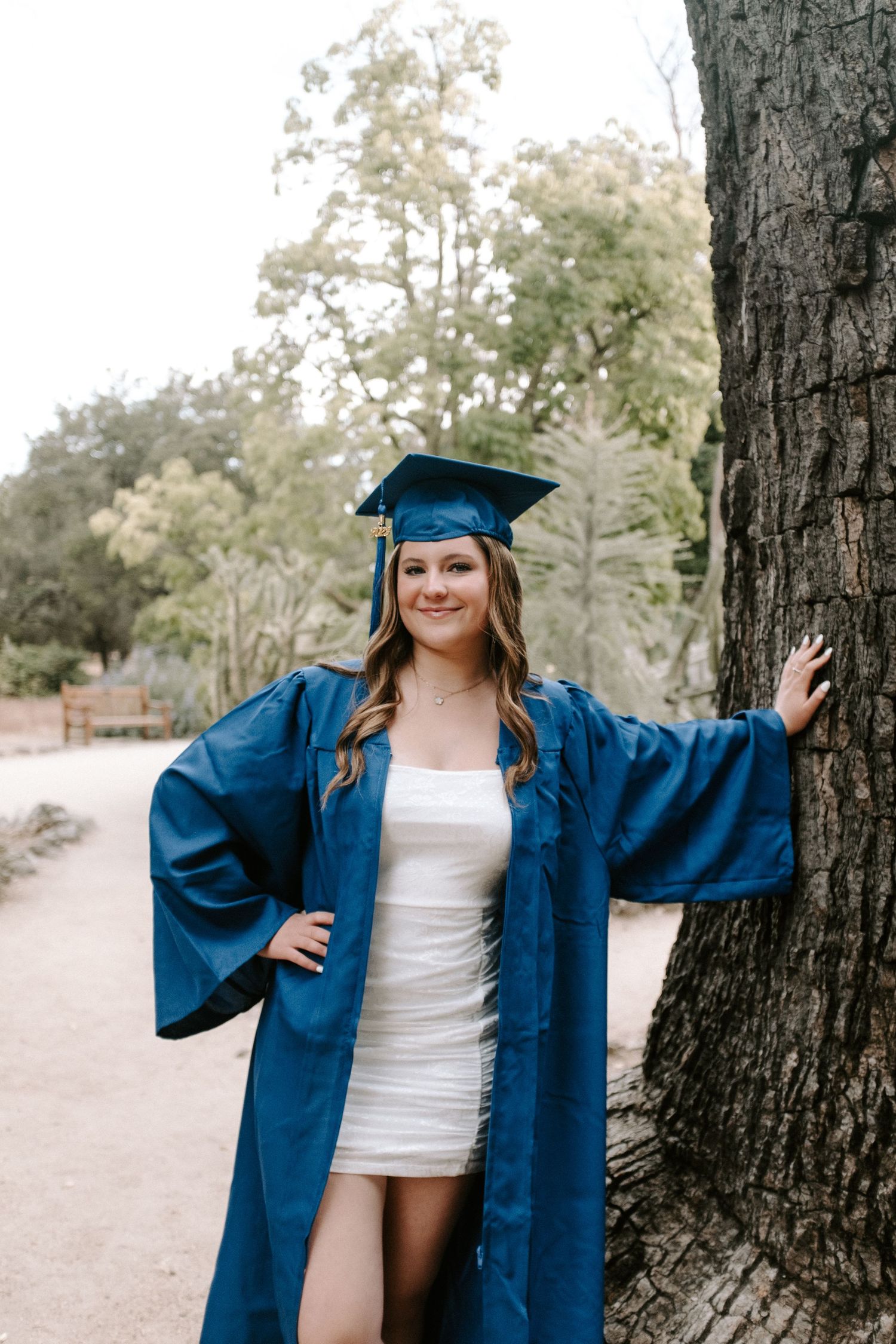 Graduate in blue cap and gown poses between large tree trunks in an outdoor setting.