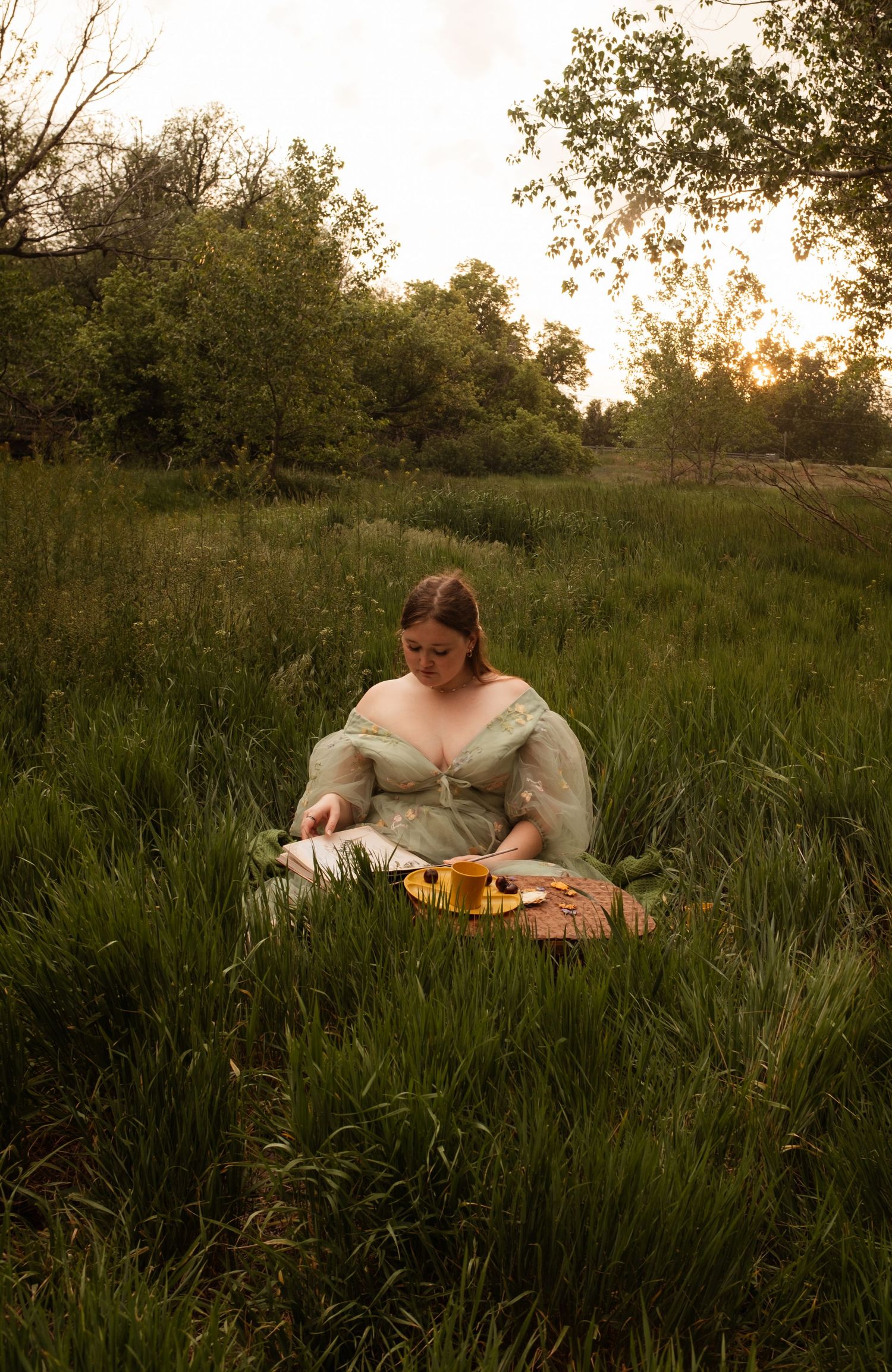 Figure in vintage dress sitting with picnic basket in meadow during golden hour.
