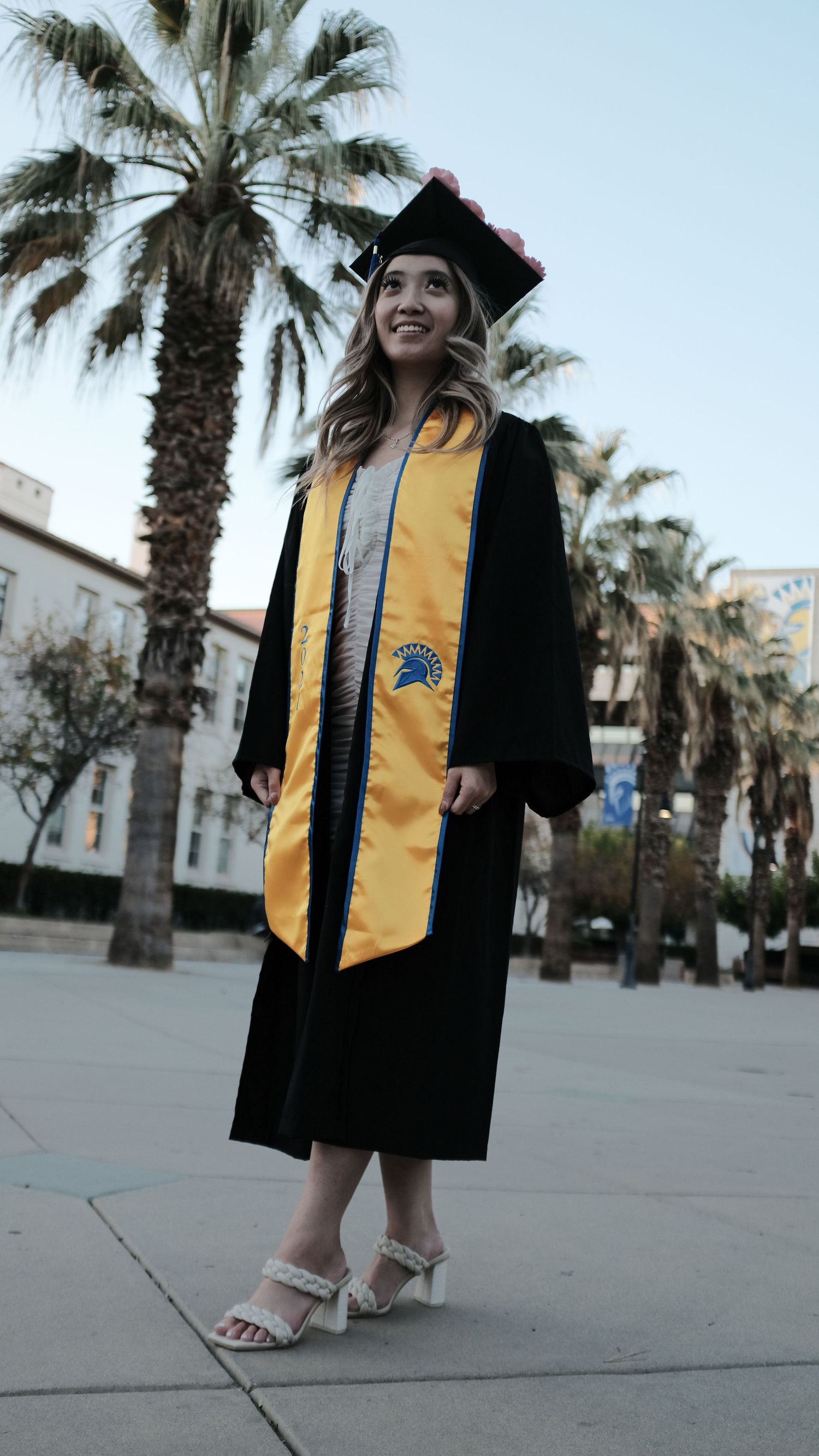 Graduate in traditional black cap and gown with gold sash poses near palm trees.