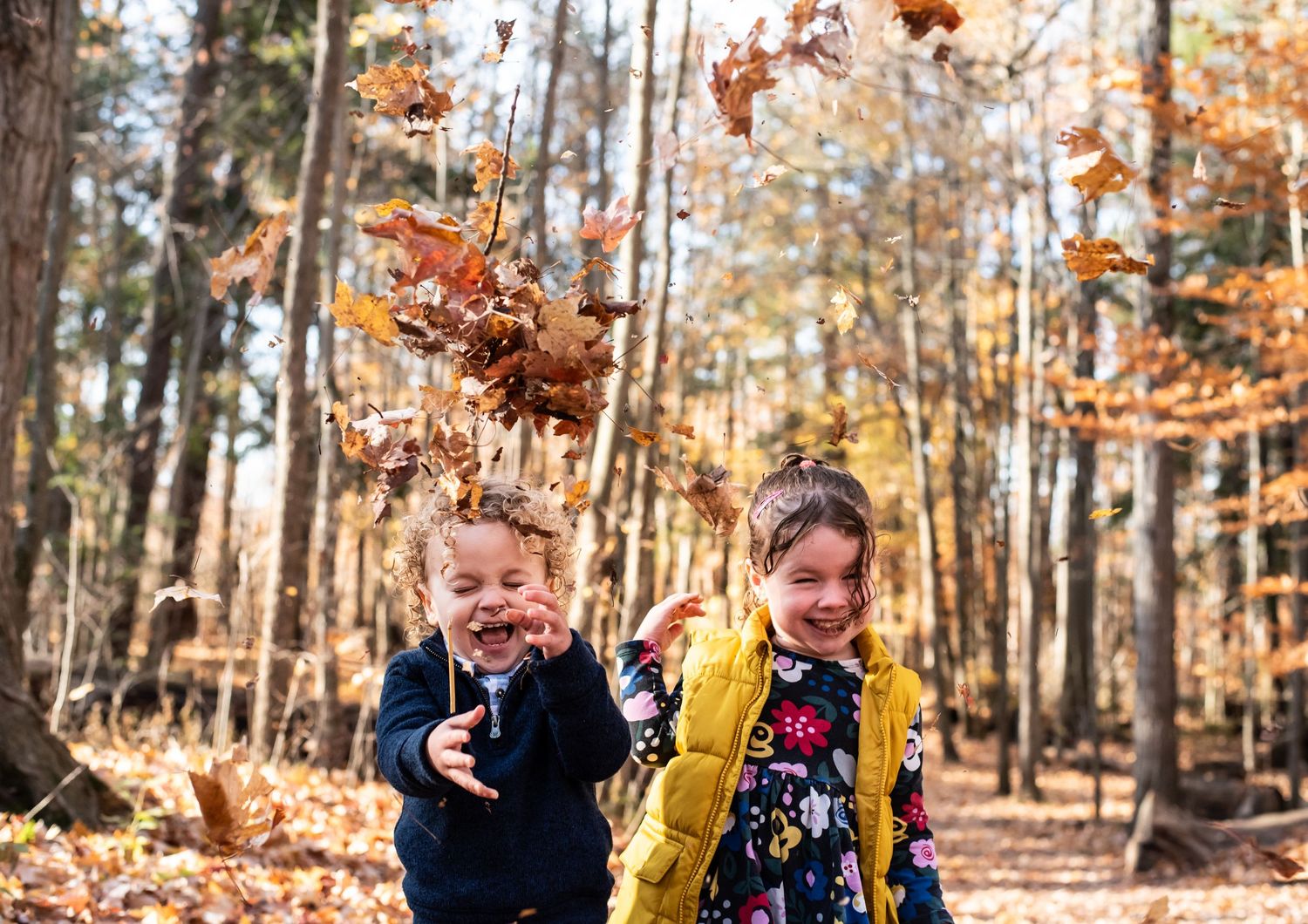 A parent and child walk together in an autumn forest with sunlit golden leaves and tall trees.