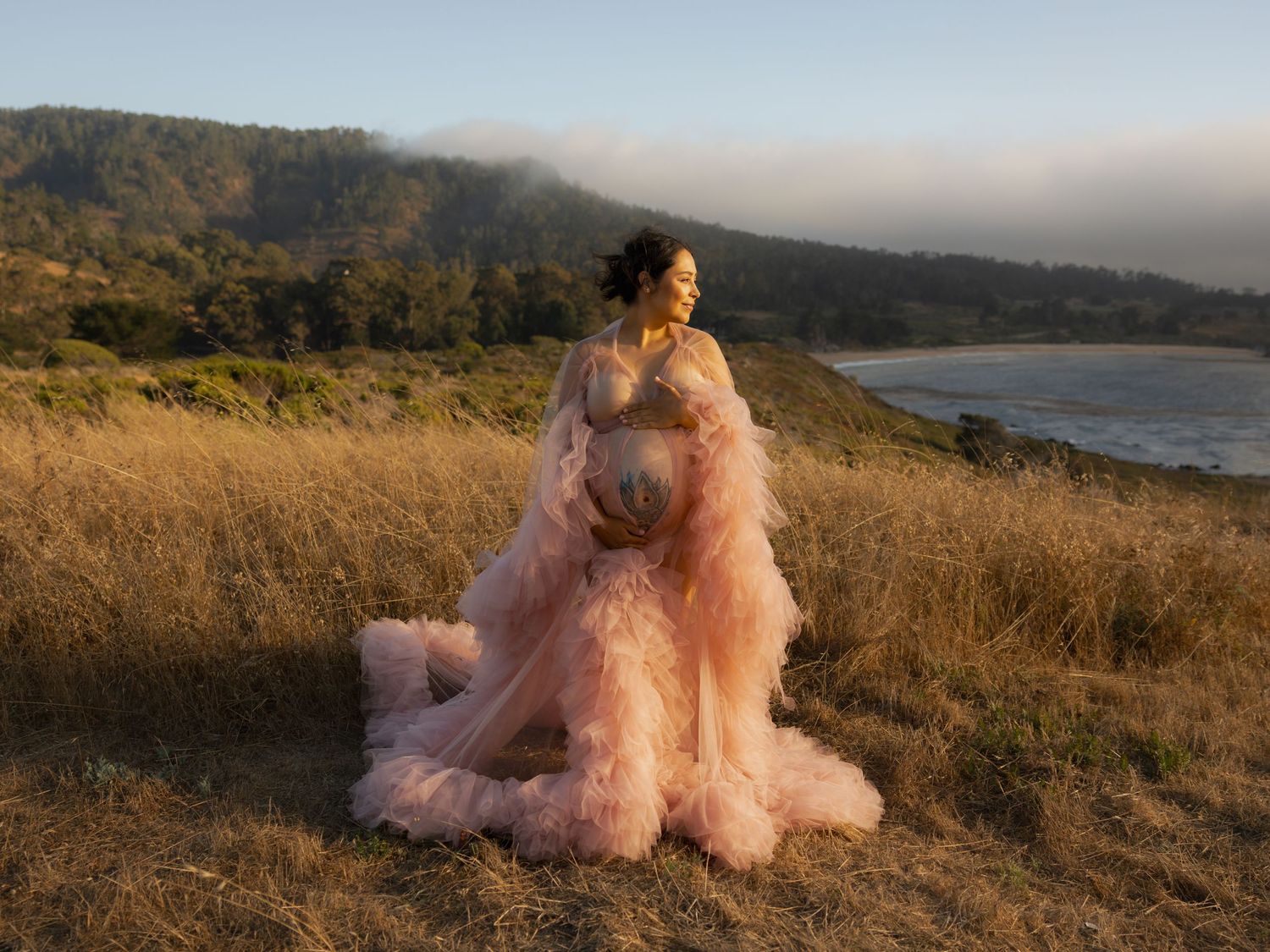 Pregnant woman in an elegant pink tulle maternity gown posing in a golden field by the coast.