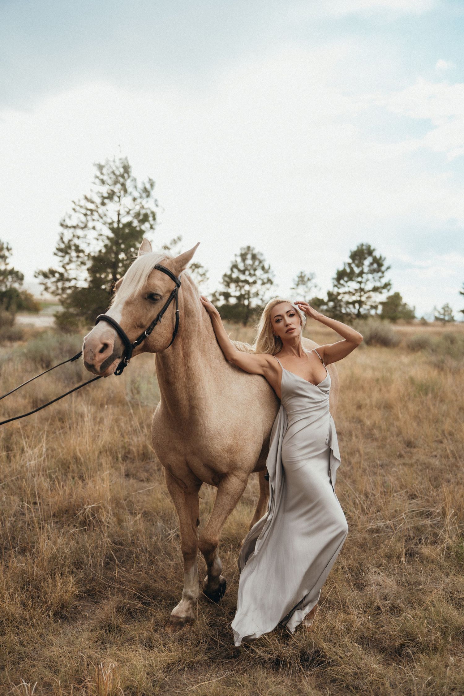 Blonde woman in elegant silver gown poses with a palomino horse in a golden field surrounded by pine trees.