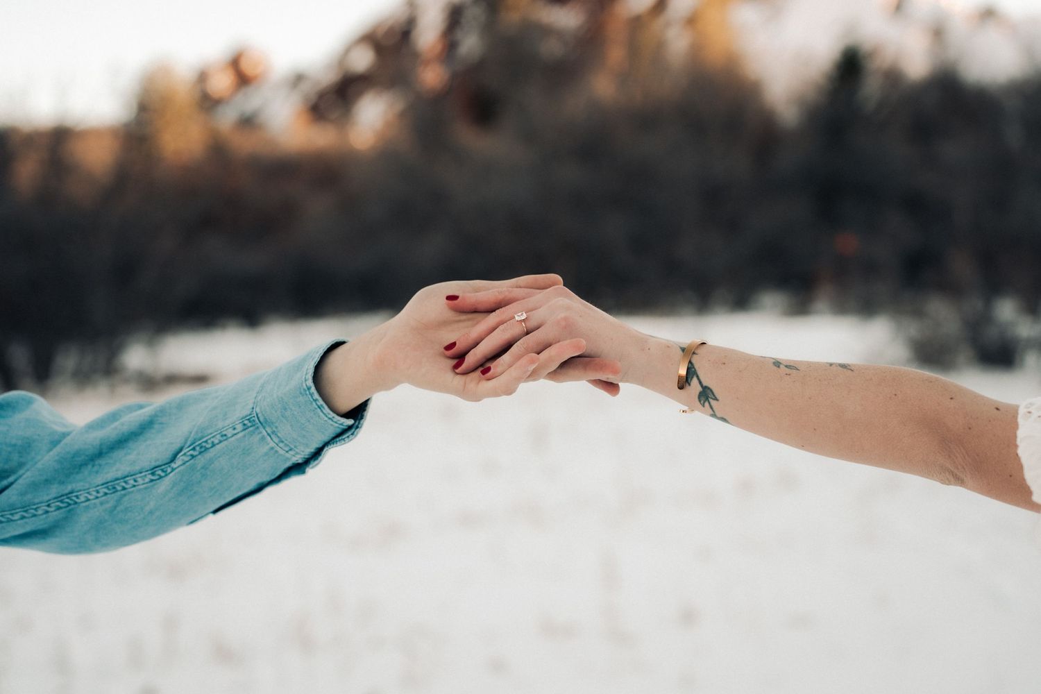 Two hands reach out to hold each other against a snowy winter background at sunset.