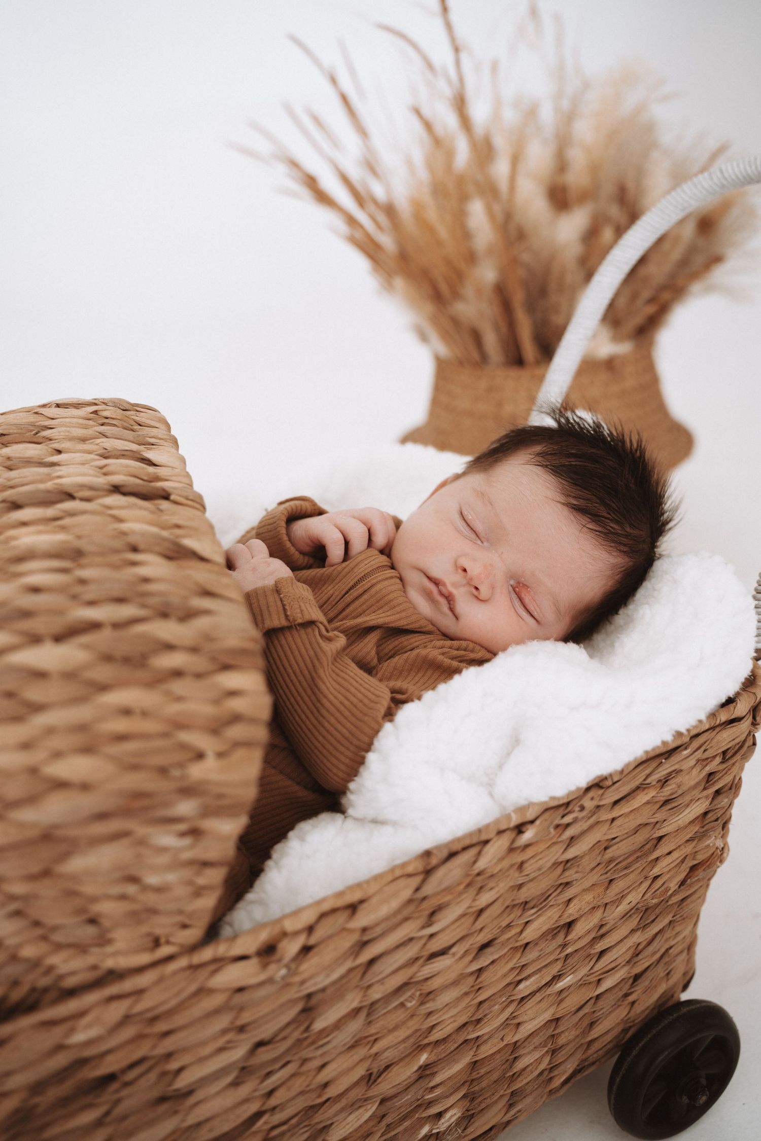 Sleeping baby in brown outfit rests peacefully in wicker bassinet with white cushioning and dried pampas grass decor.