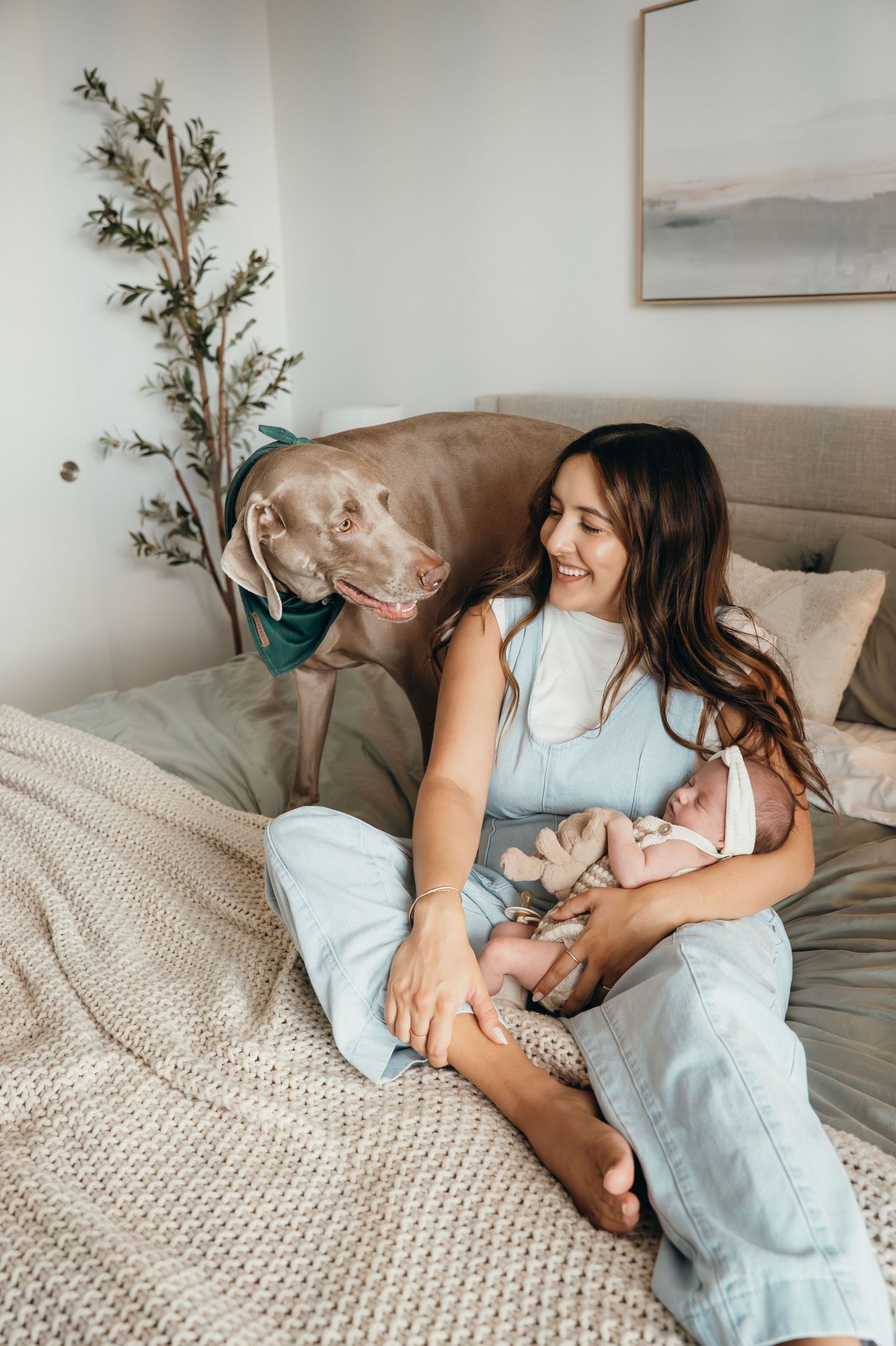 Woman in blue dress relaxes on cozy bed with dog and floral decor in natural light setting.