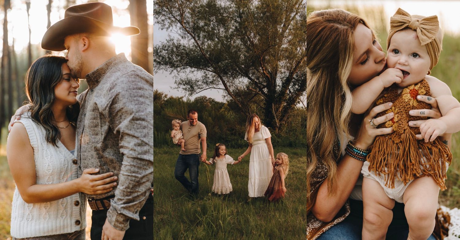 Collage of a family outdoor photo session in a meadow with golden sunset lighting.