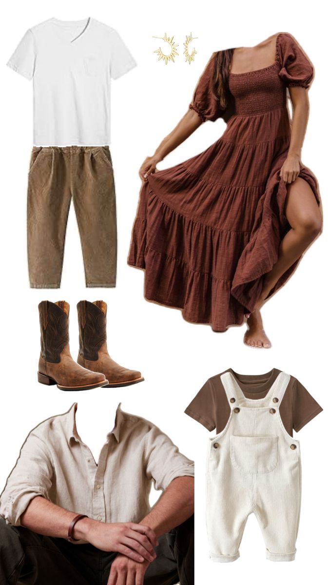 Brown and white family photo outfit guide featuring cowboy boots, corduroy pants, rust maxi dress, and cream overalls.