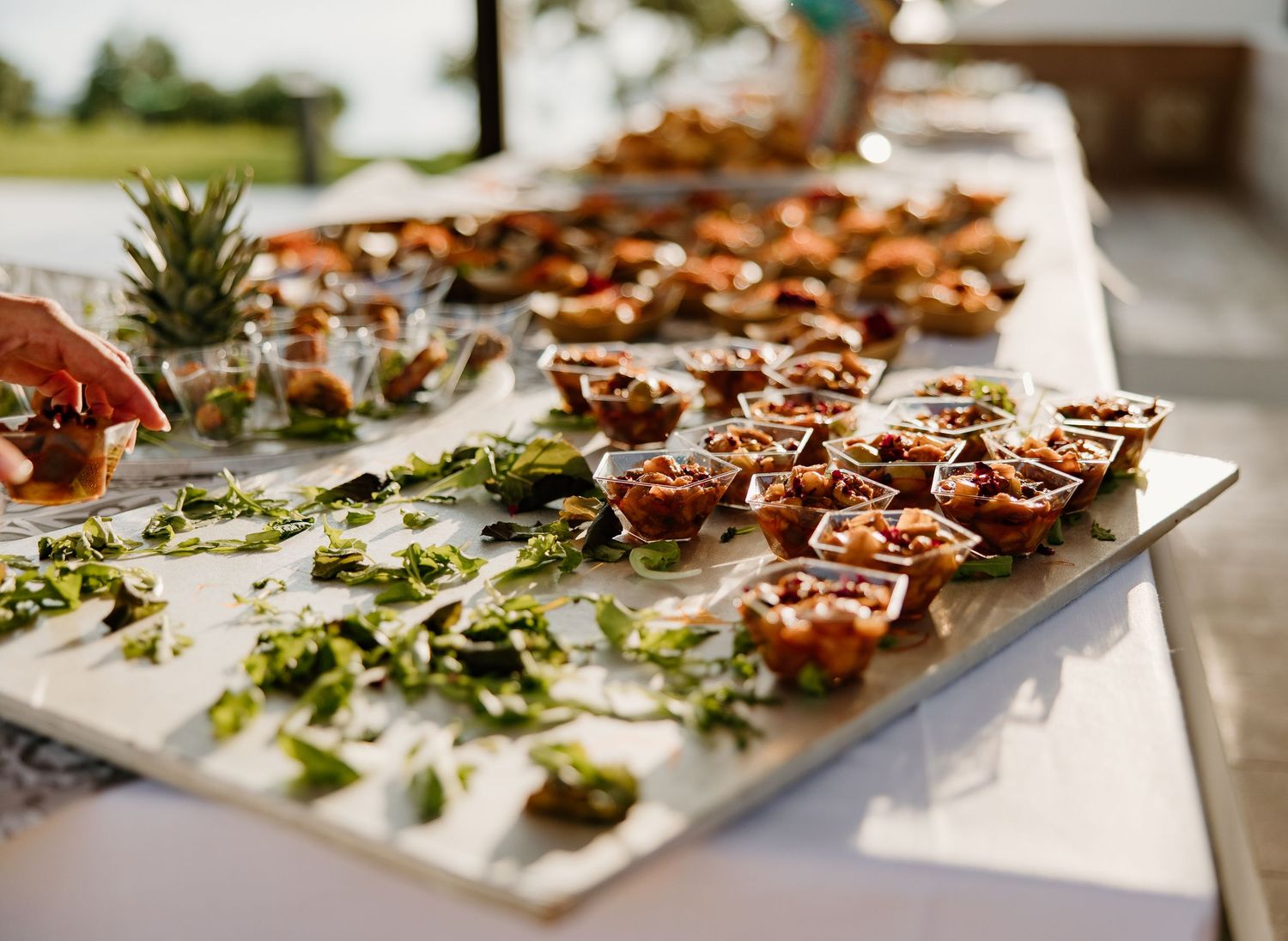Elegant outdoor wedding catering display with assorted tartlets and fresh herb garnishes on a long table.