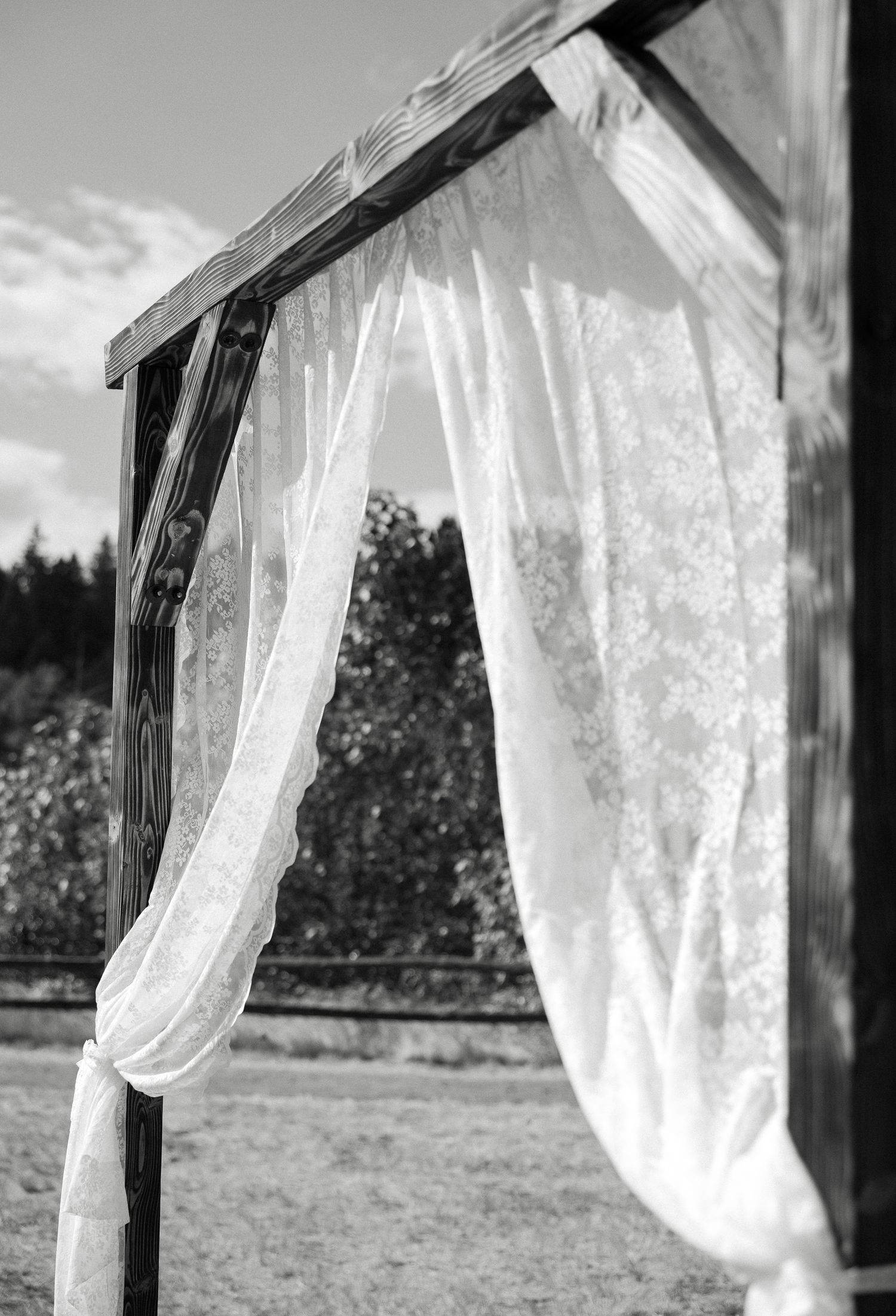 Black and white photo of a rustic wooden wedding arch with flowing white lace curtains outdoors.