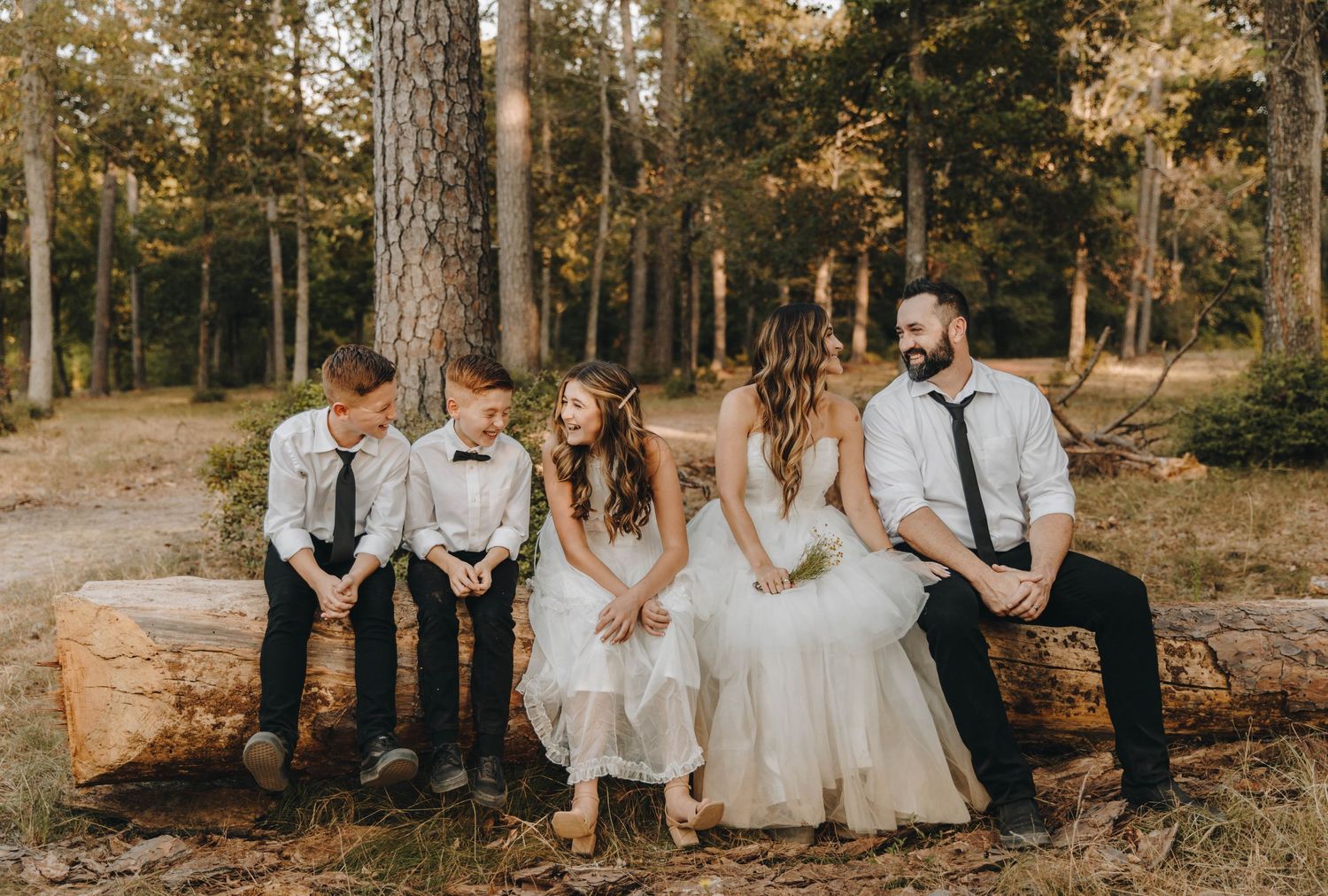 Wedding couple with children sitting on a log in a forest for a family portrait.
