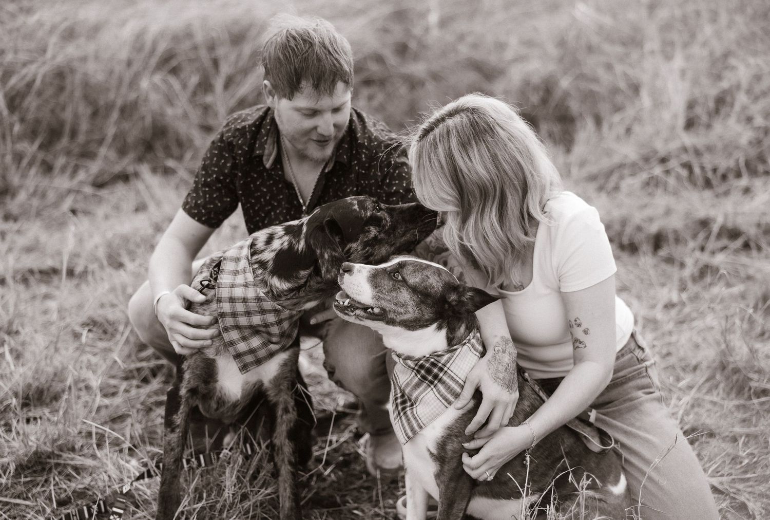 Black and white photo of a couple crouching in a field with two dogs wearing plaid bandanas.