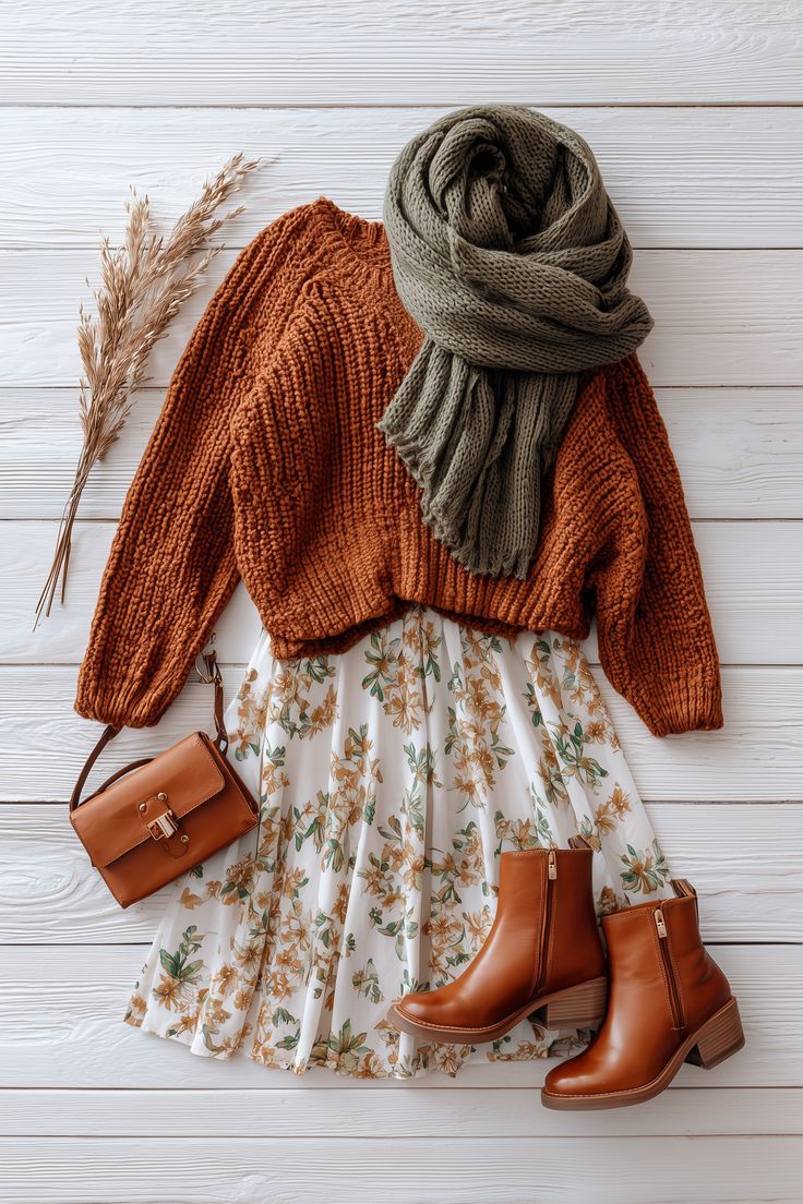 Fall flat lay outfit with rust knit sweater, floral skirt, brown ankle boots, gray scarf, and leather crossbody bag.