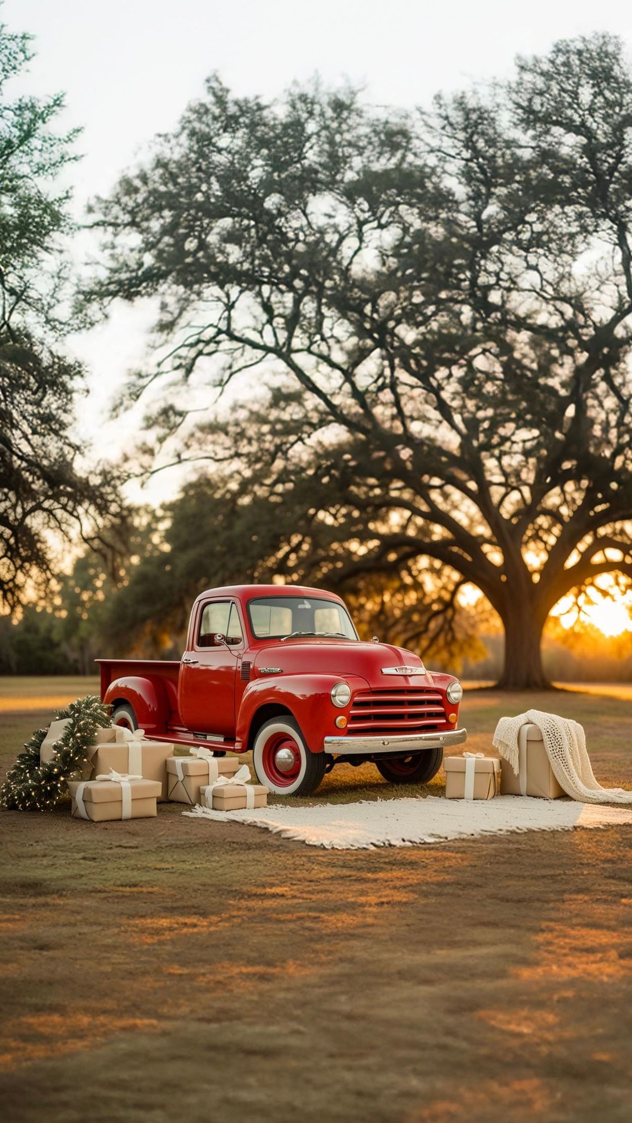 Vintage red Chevrolet truck with wrapped gifts under large oak tree at golden sunset.