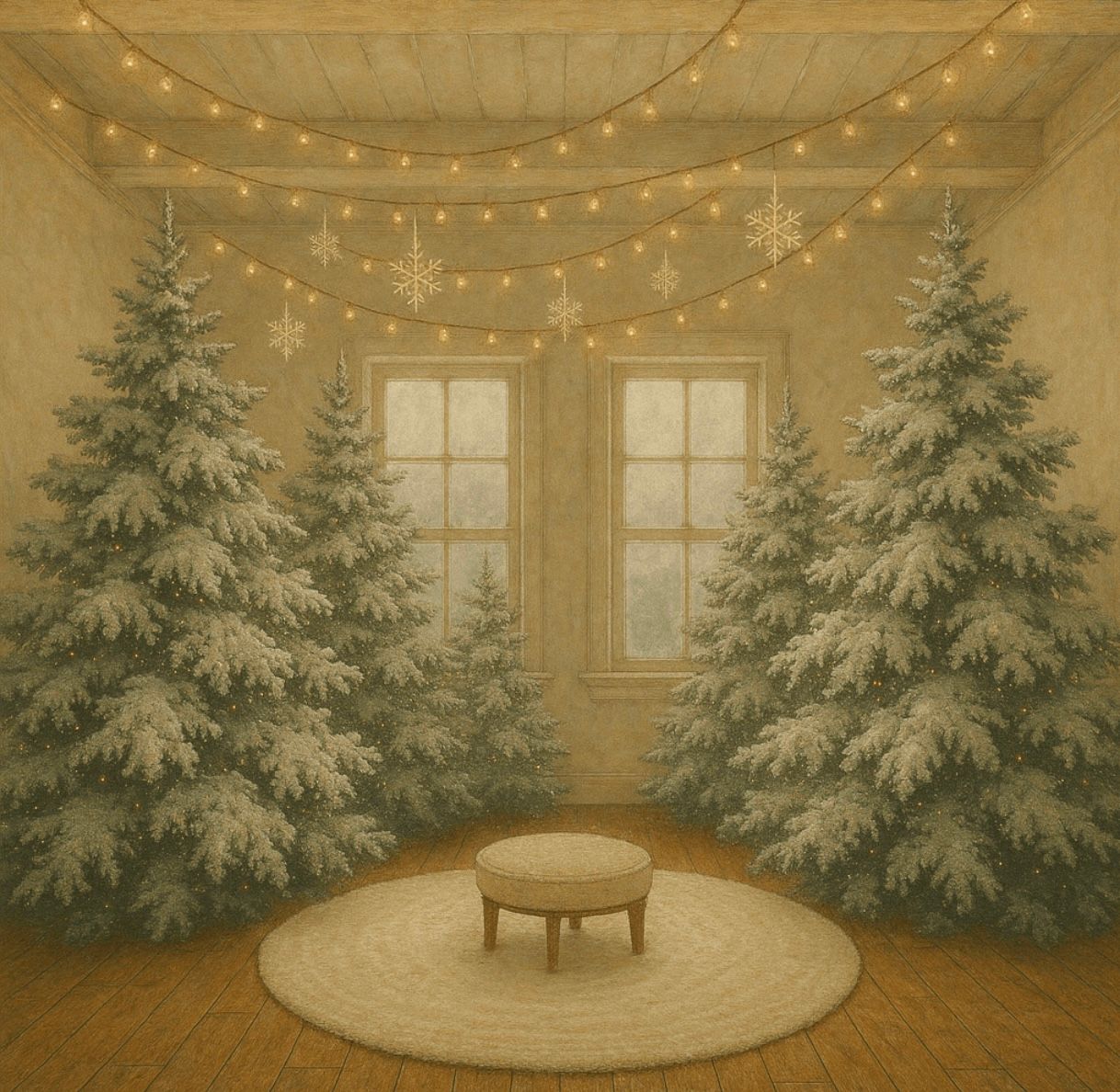 Cozy Christmas room with two frosted pine trees, string lights, snowflakes, and round ottoman.