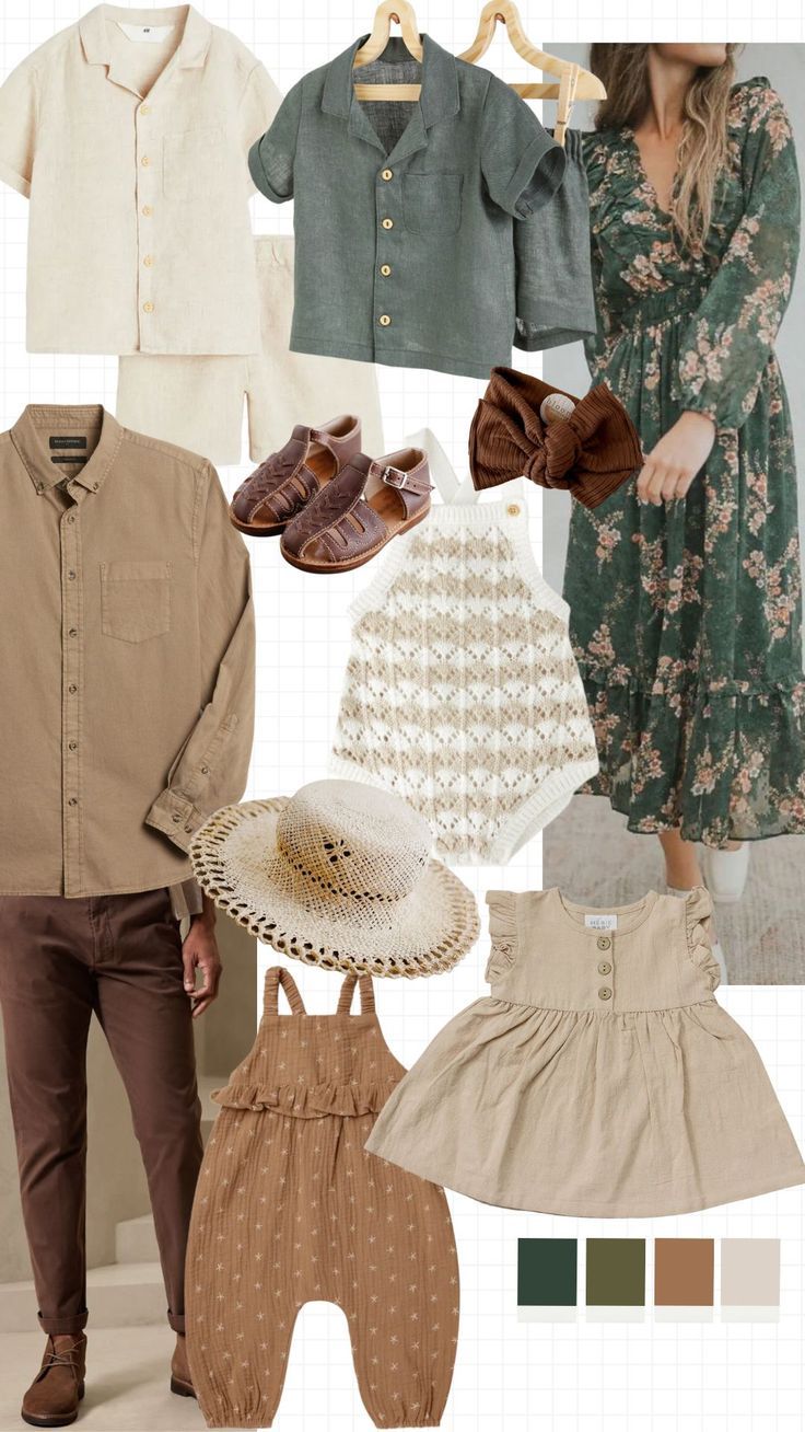Earth tone family photo outfit guide with green floral dress, linen shirts, brown pants, and neutral kids clothing.