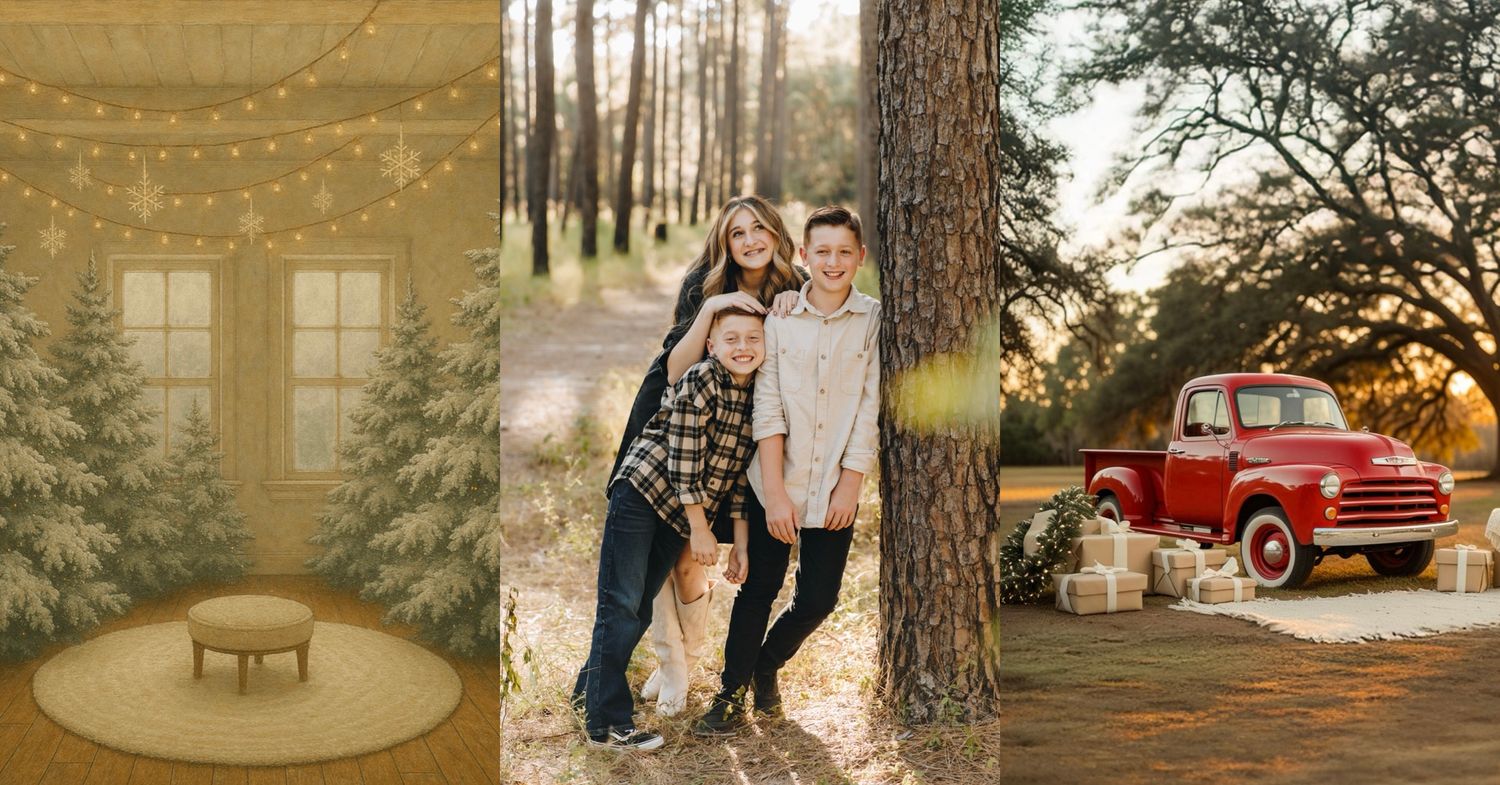 Christmas mini session collage with snowy trees backdrop, family hugging pine tree, and red truck.