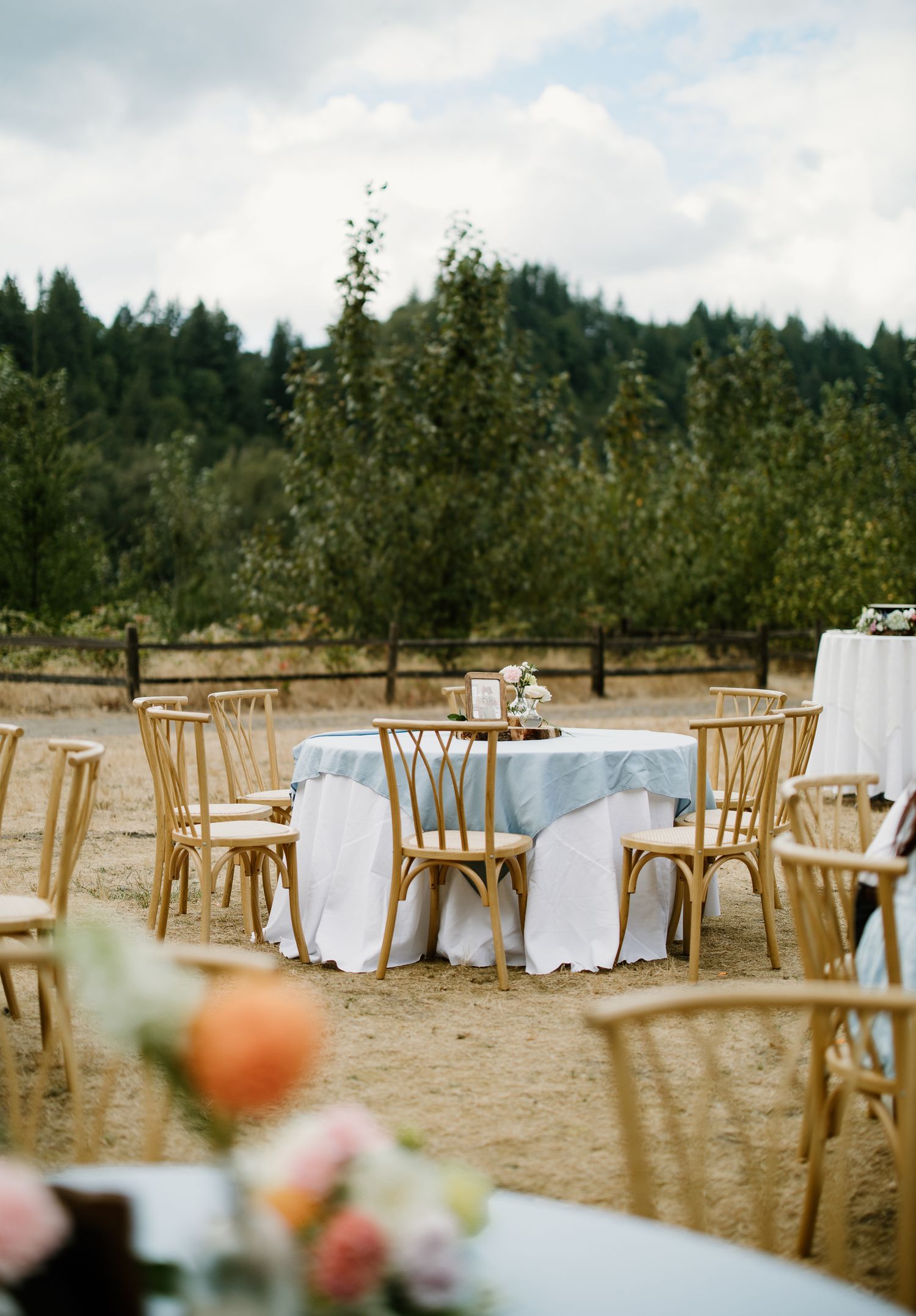 Elegant outdoor wedding reception tables with white linens and wooden chairs set against forest backdrop.
