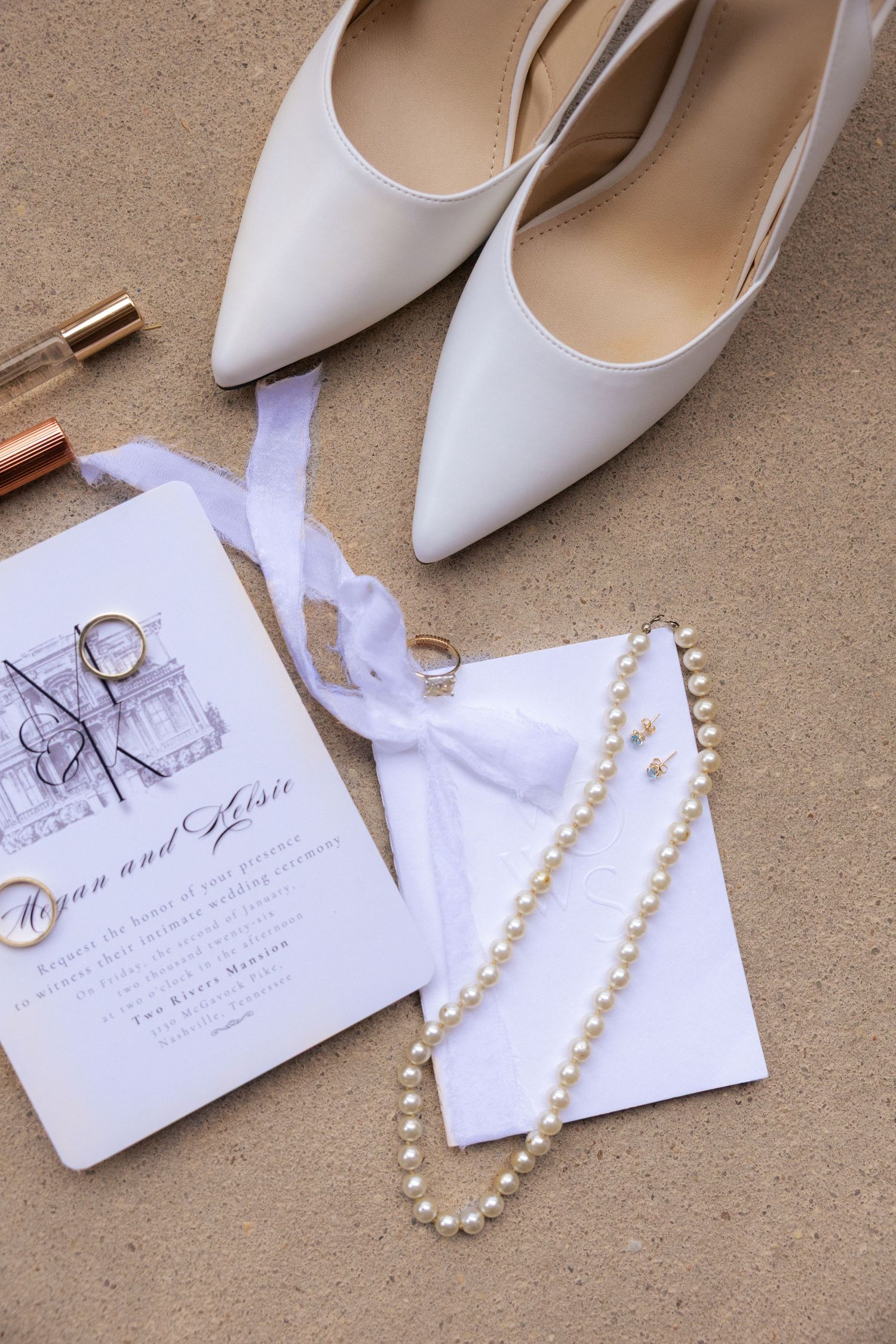 White wedding heels arranged with pearl necklace and invitation cards on beige background in collage style layout.