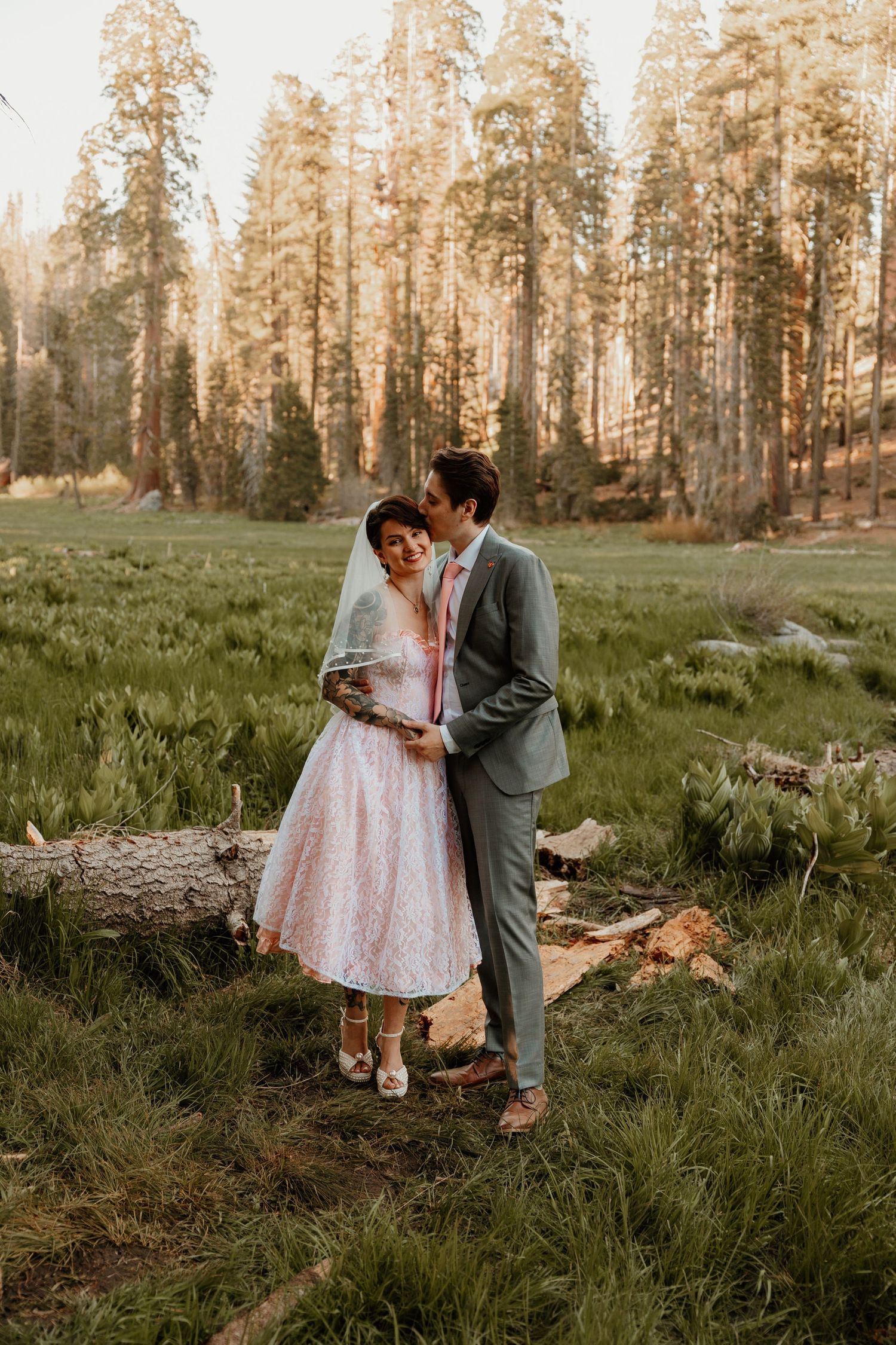 Newlyweds embrace in a serene mountain meadow surrounded by tall evergreen trees at sunset.