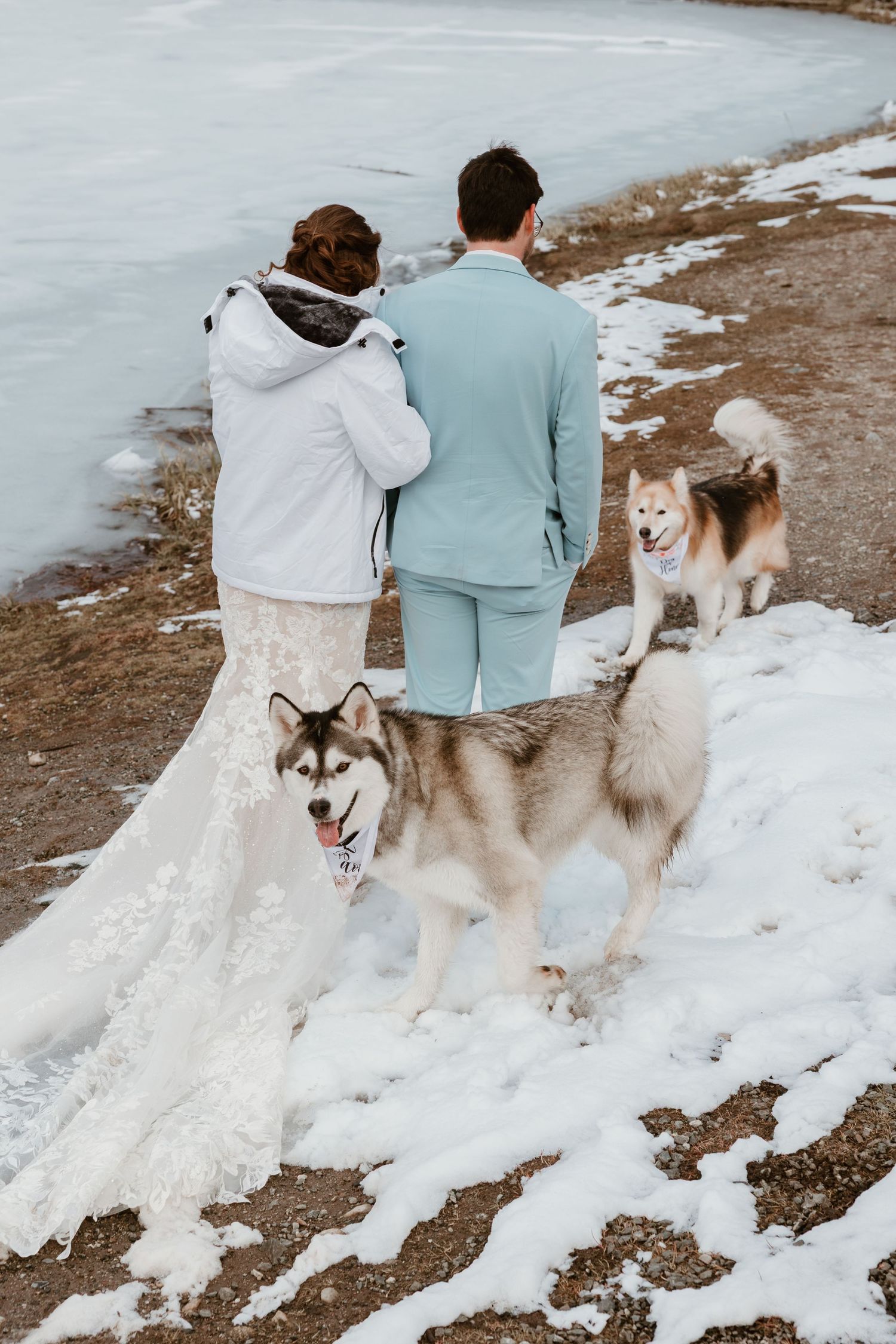 A couple in wedding attire sits with their Husky dogs on a snowy mountain trail.