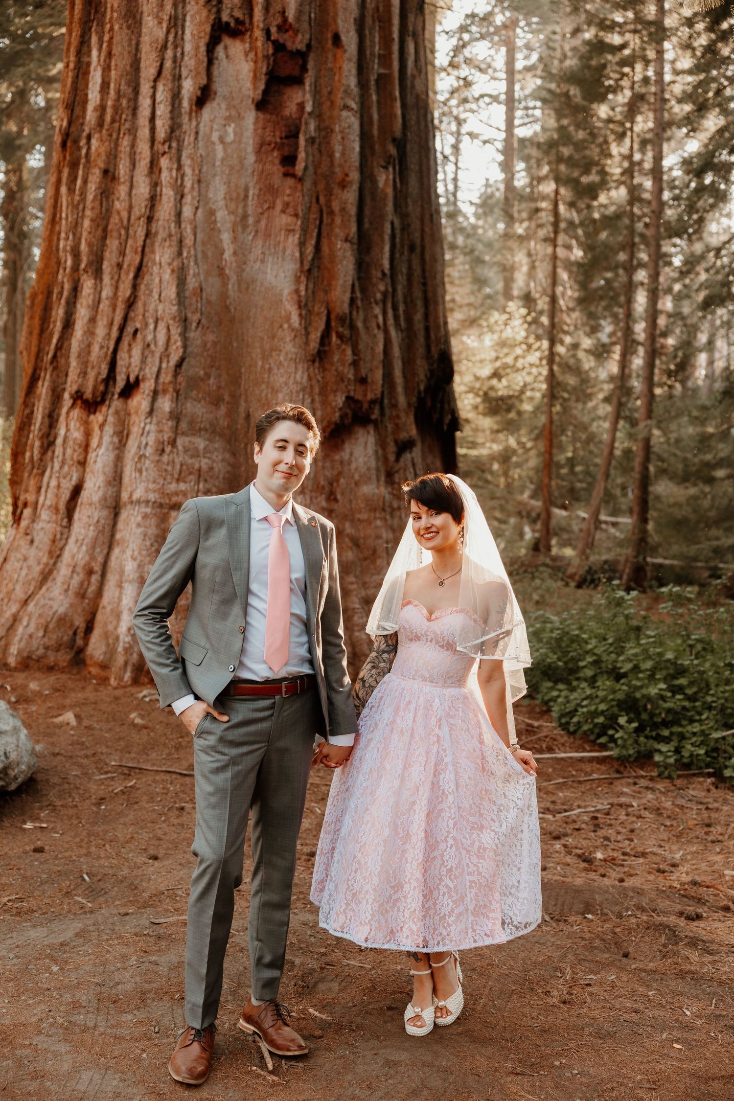 A wedding portrait in front of a massive redwood tree trunk.