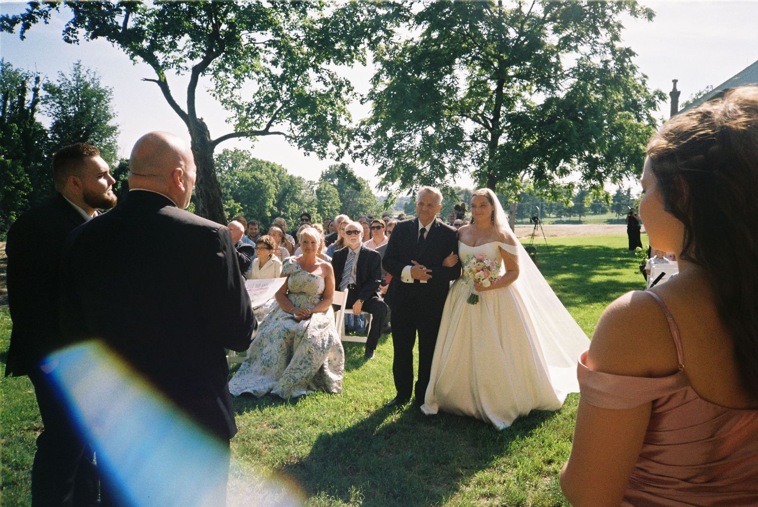 Wedding celebration taking place outdoors with guests mingling under tree canopy.