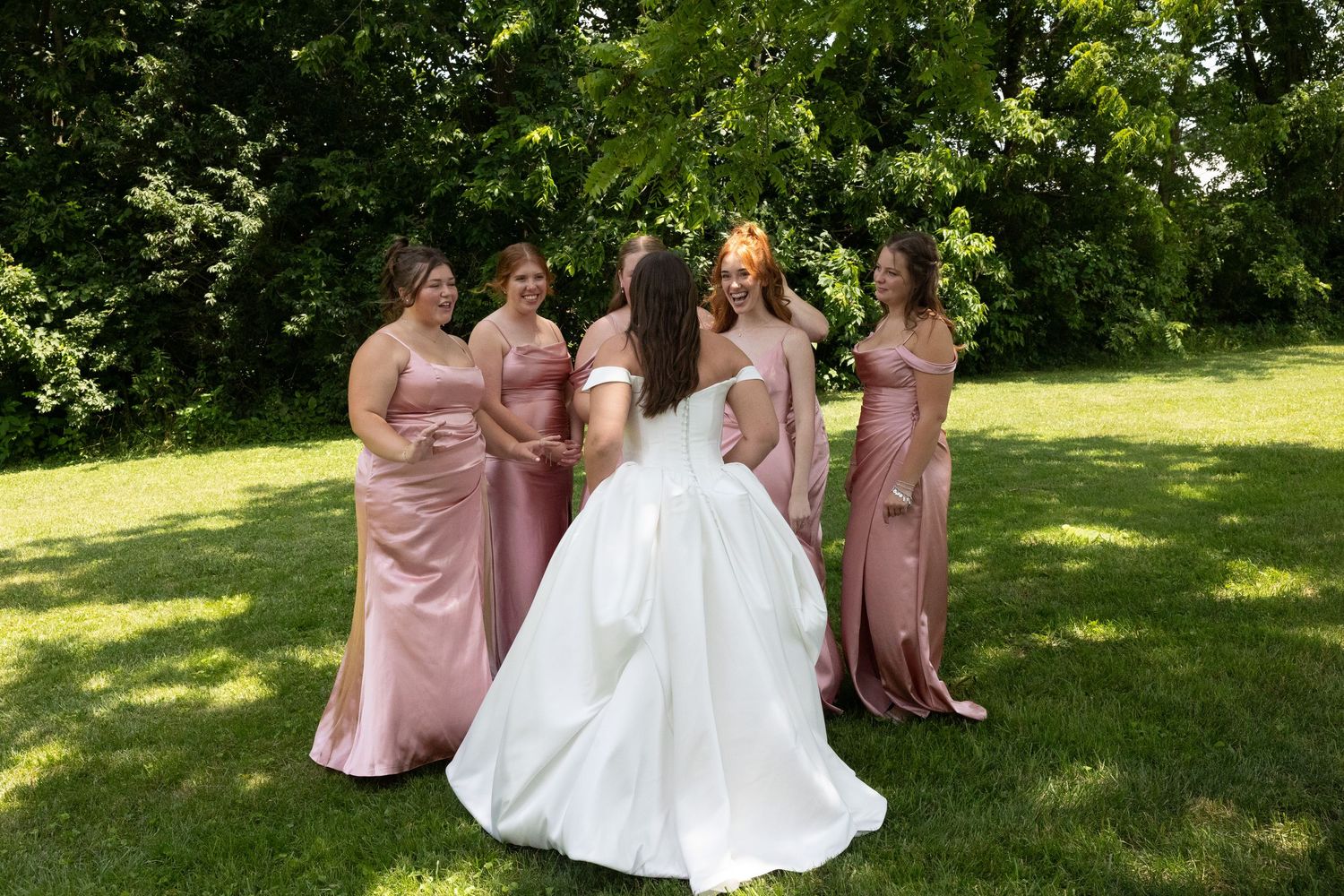 Wedding party in blush pink dresses posing together on lush green lawn.