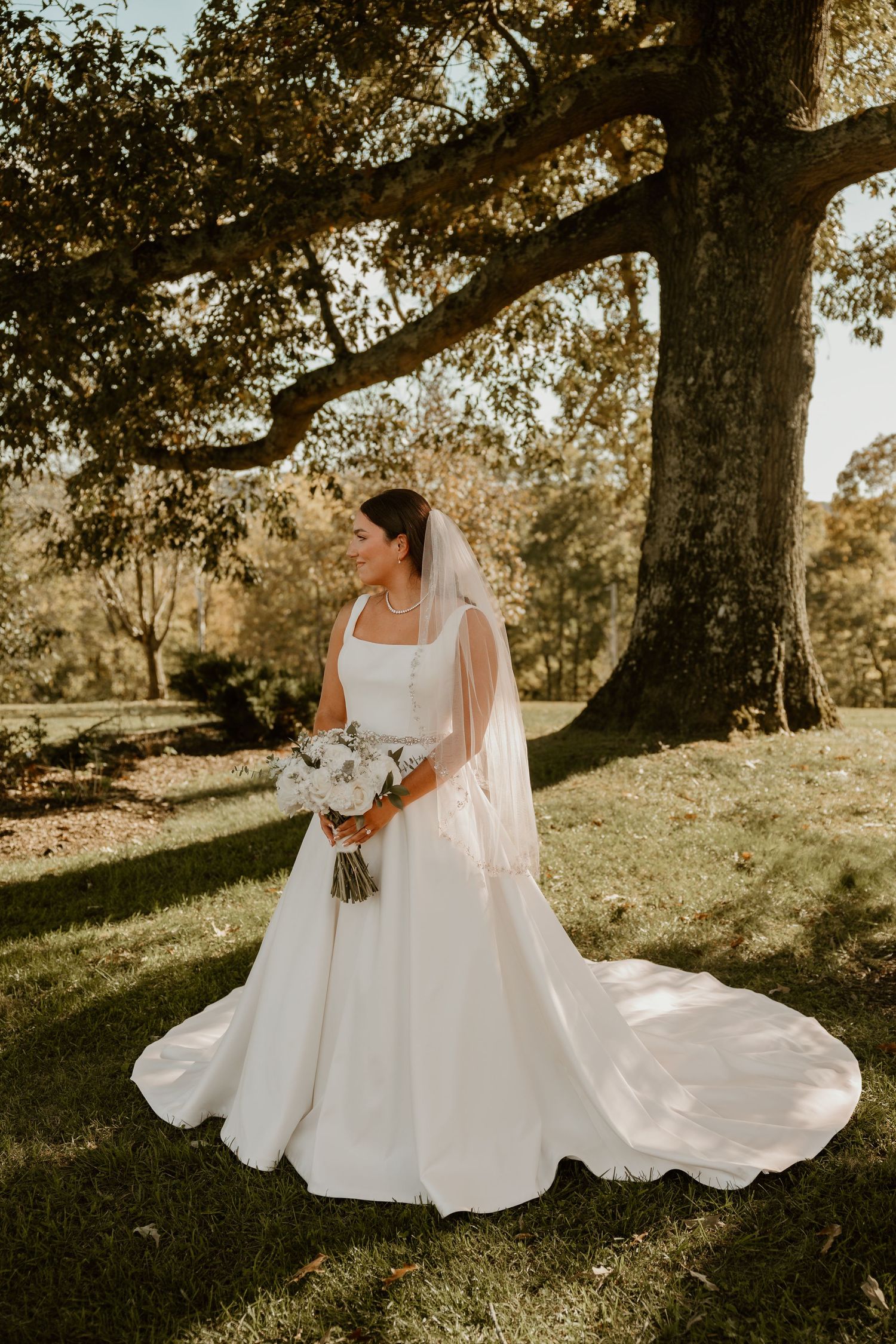 A bride in a classic white gown with a flowing train poses under a large oak tree on her wedding day.