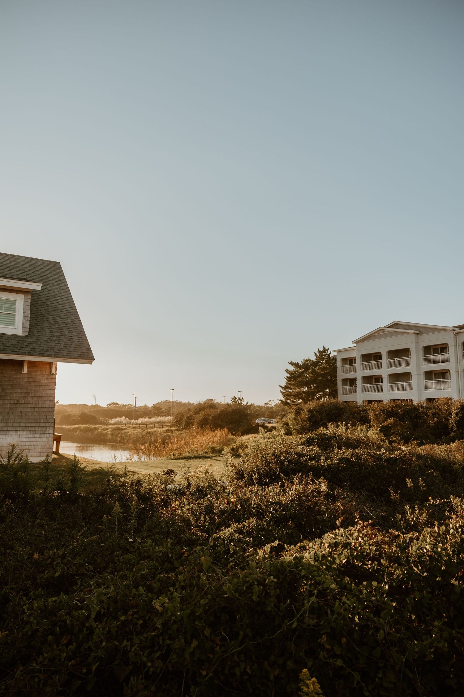 Coastal beach house and hotel buildings at sunset with grassy dunes in the foreground.