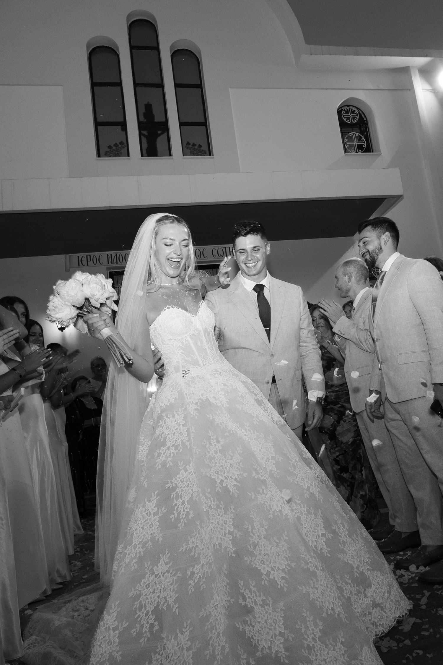 A sequence of wedding reception photos showing a bride in a white gown dancing with guests in light-colored suits.