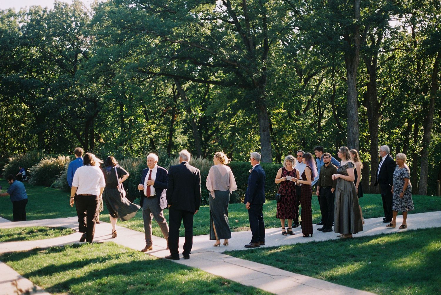 Wedding guests gather on a lush green lawn during an outdoor summer celebration.