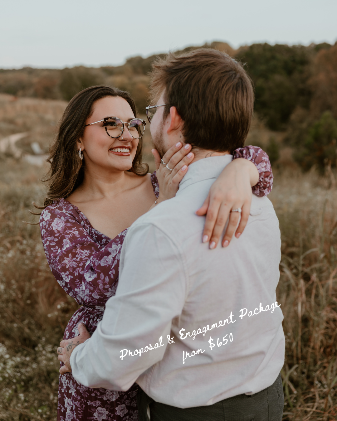 A sunset engagement photo showing a couple in warm embrace with text about proposal packages.