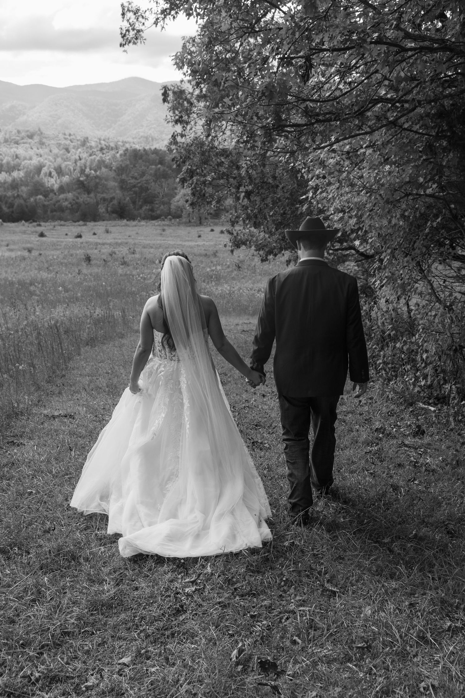 A couple in wedding attire walking through a scenic countryside landscape.